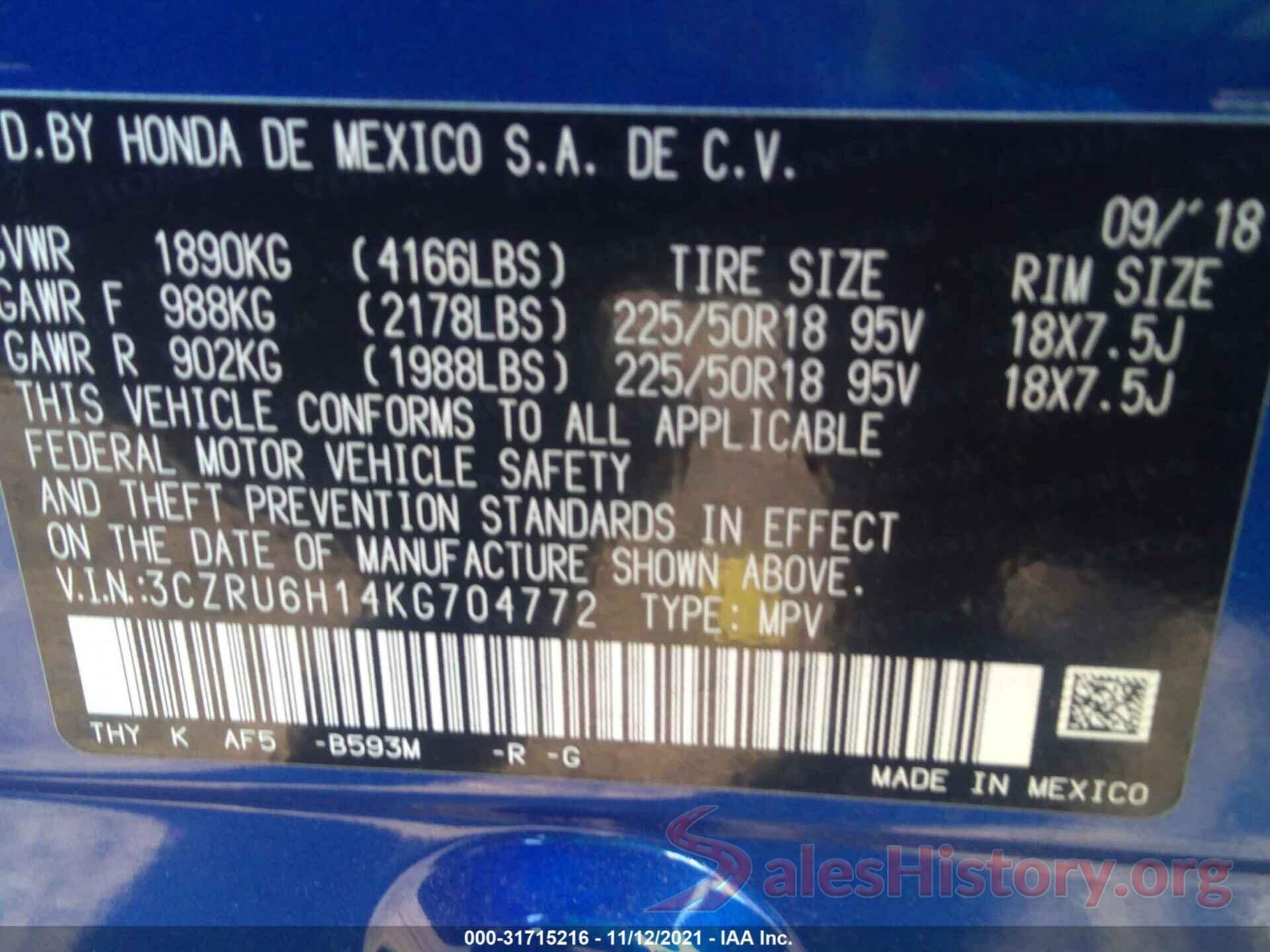 3CZRU6H14KG704772 2019 HONDA HR-V