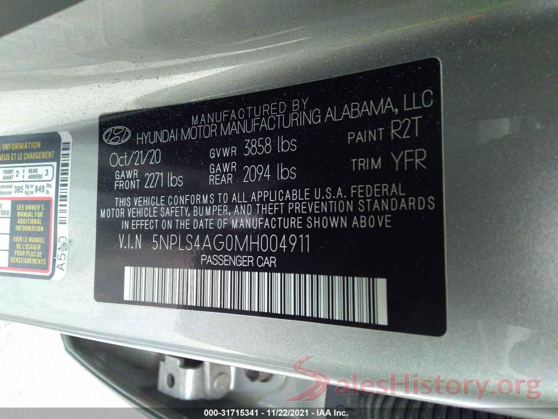 5NPLS4AG0MH004911 2021 HYUNDAI ELANTRA