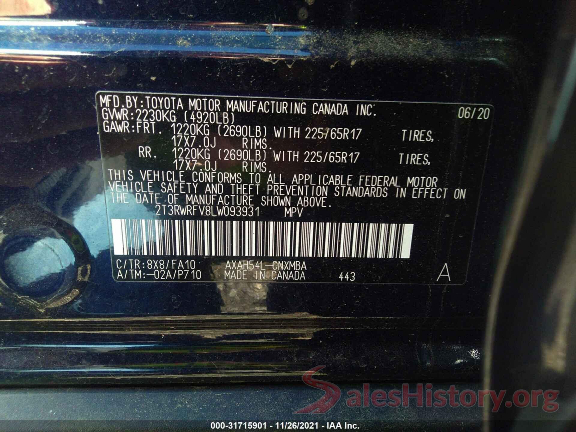 2T3RWRFV8LW093931 2020 TOYOTA RAV4