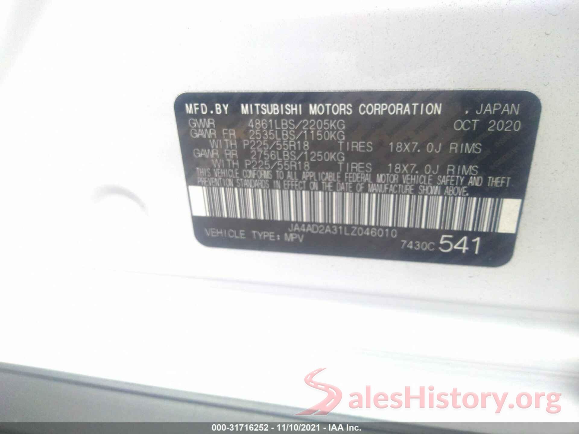 JA4AD2A31LZ046010 2020 MITSUBISHI OUTLANDER