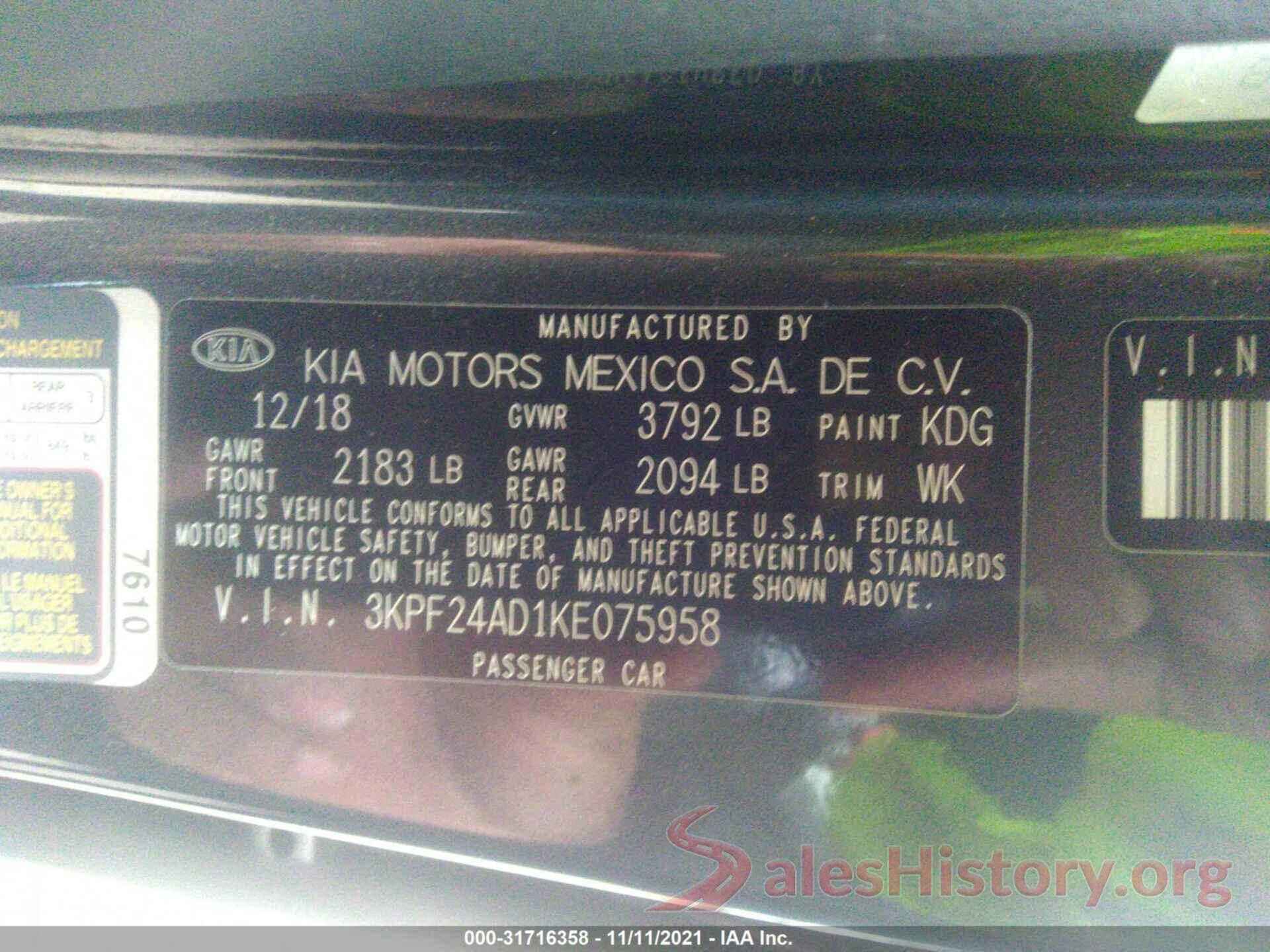 3KPF24AD1KE075958 2019 KIA FORTE