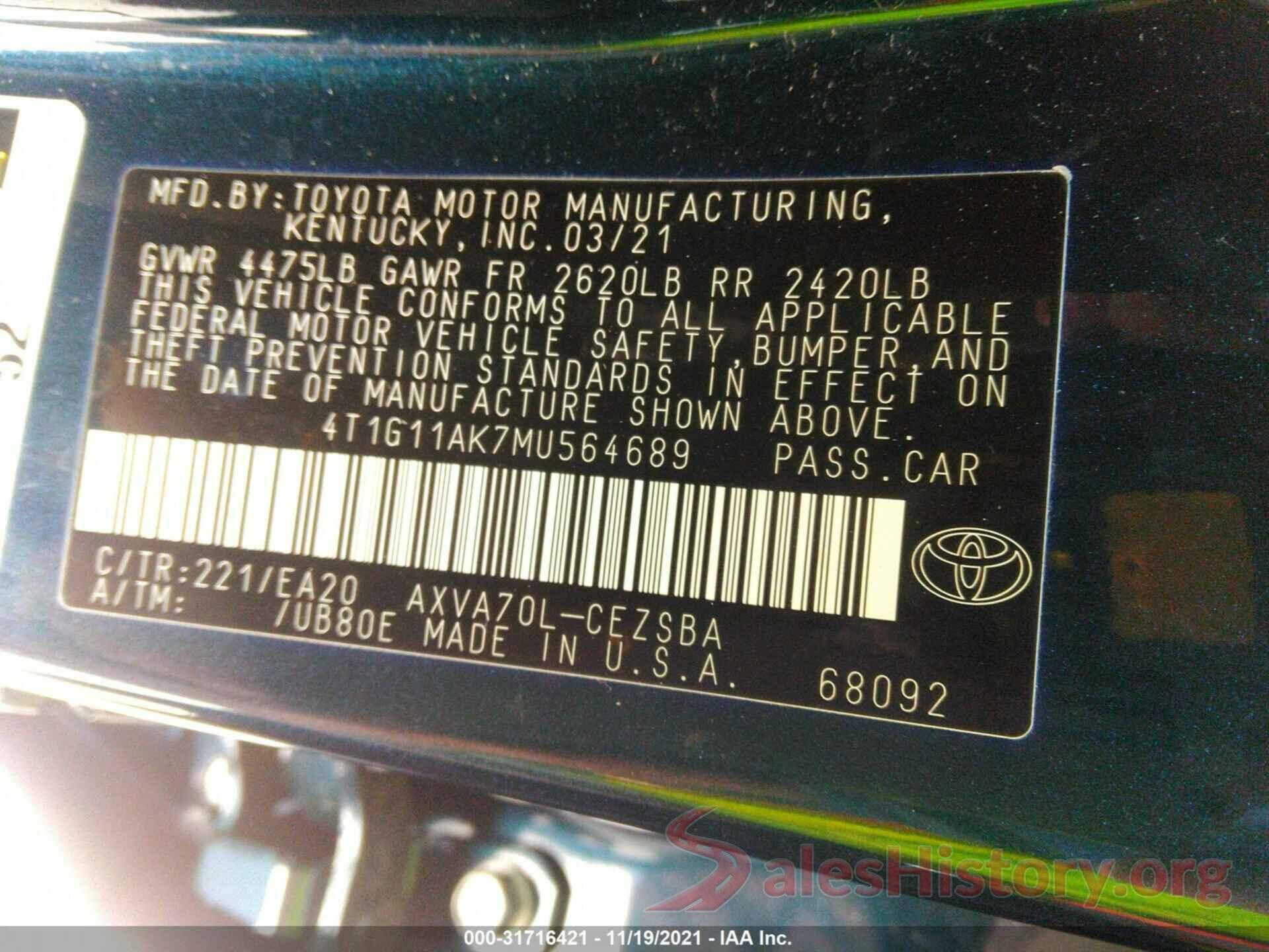 4T1G11AK7MU564689 2021 TOYOTA CAMRY