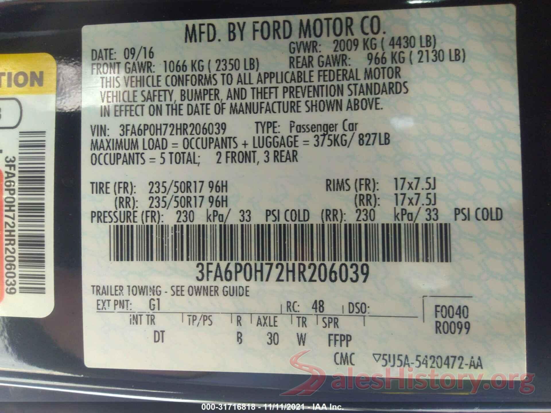 3FA6P0H72HR206039 2017 FORD FUSION