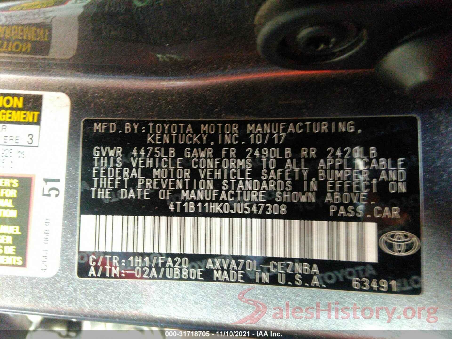 4T1B11HK0JU547308 2018 TOYOTA CAMRY