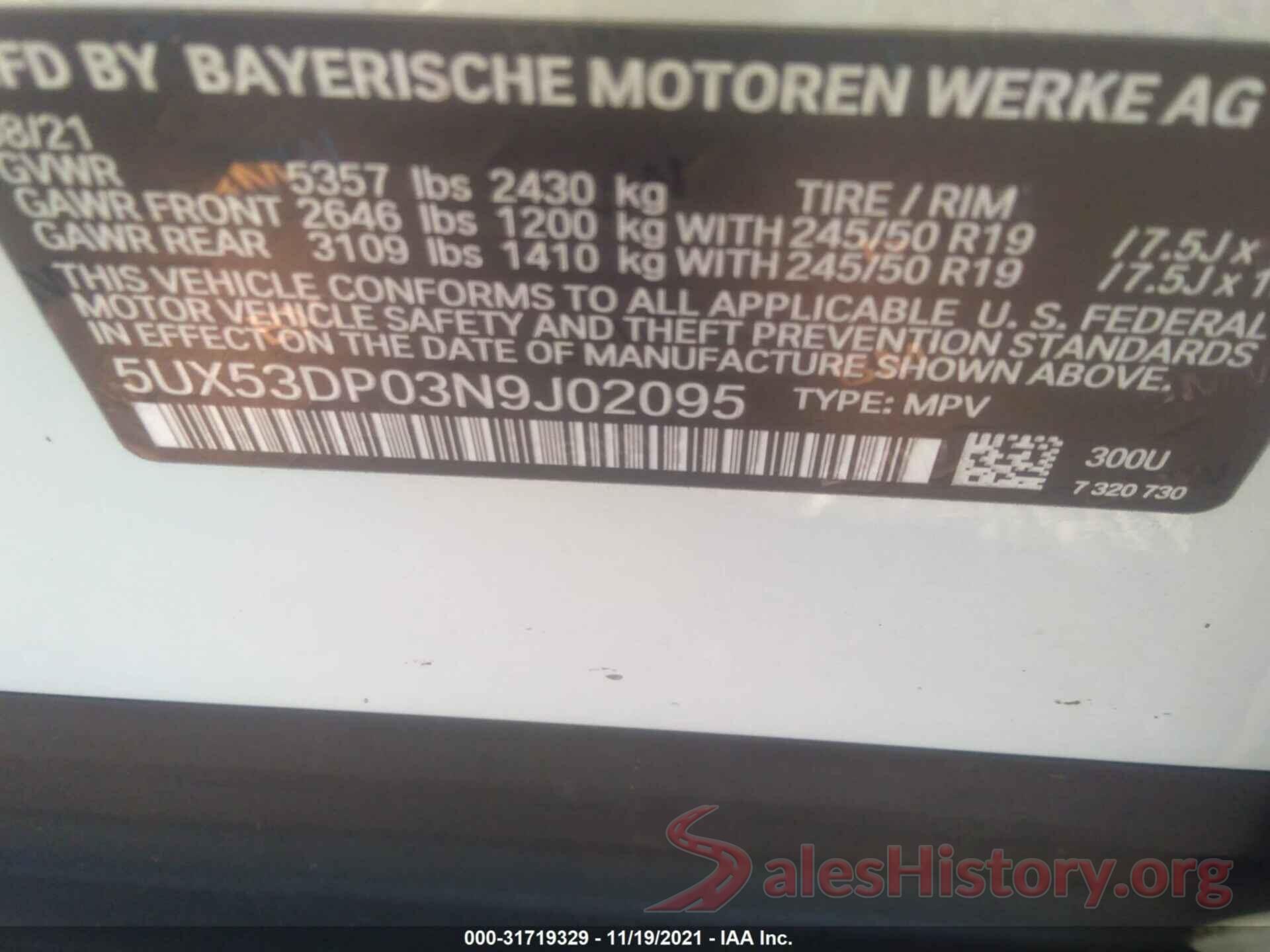 5UX53DP03N9J02095 2022 BMW X3