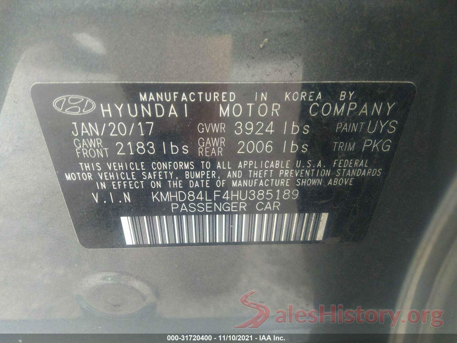 KMHD84LF4HU385189 2017 HYUNDAI ELANTRA