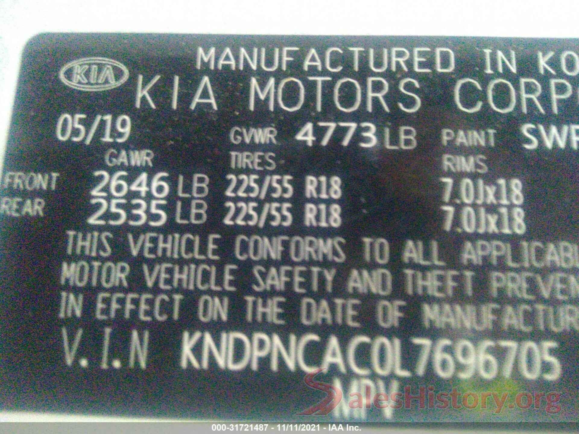 KNDPNCAC0L7696705 2020 KIA SPORTAGE