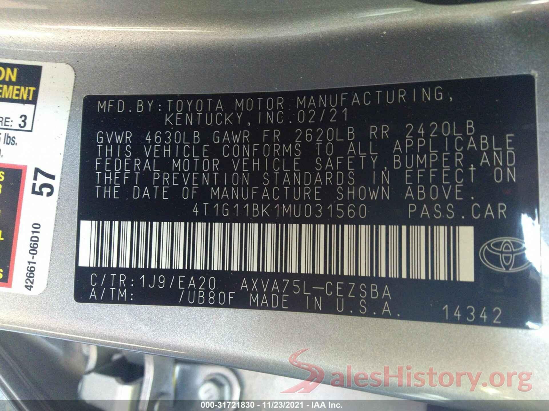 4T1G11BK1MU031560 2021 TOYOTA CAMRY