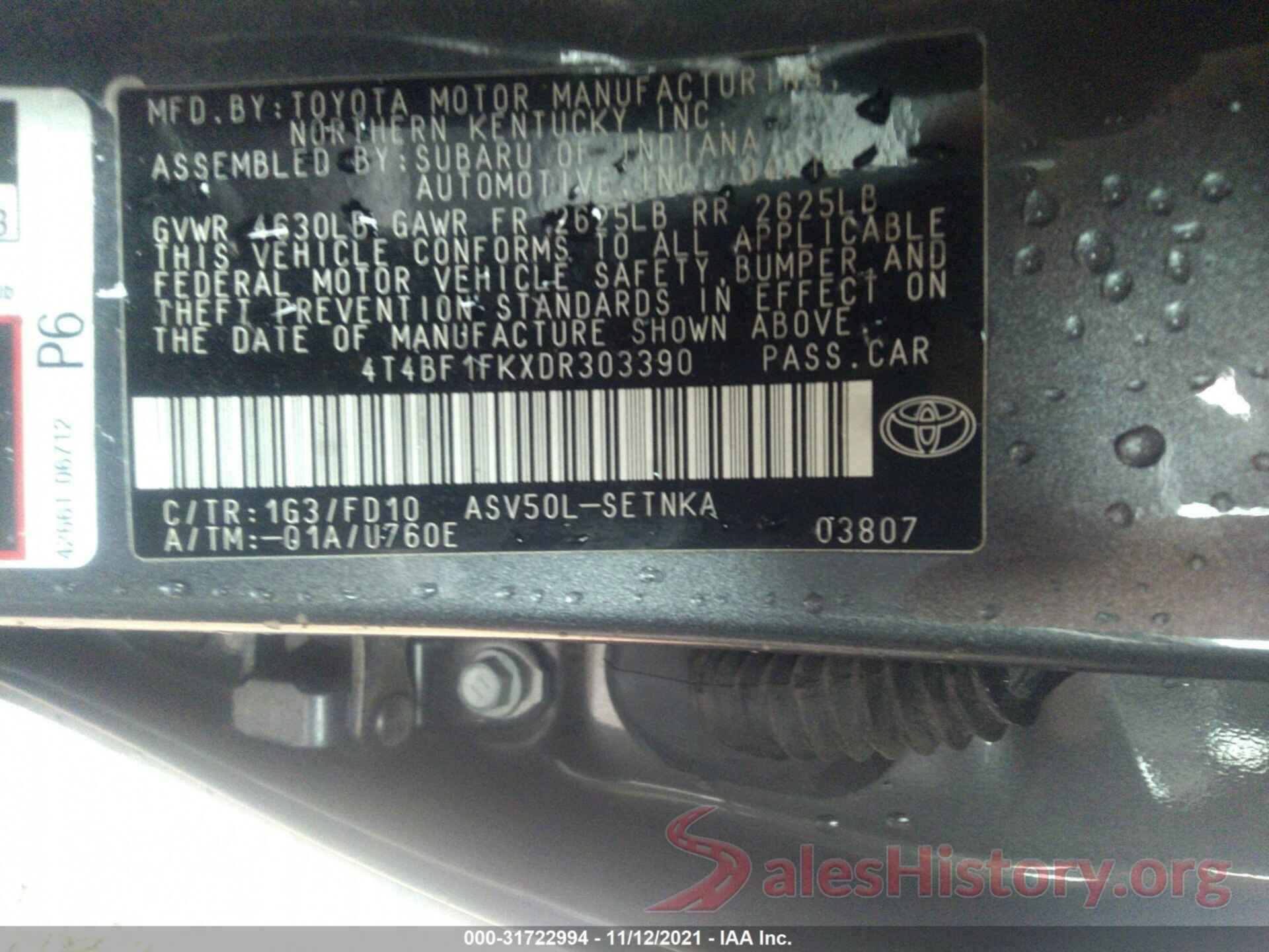 4T4BF1FKXDR303390 2013 TOYOTA CAMRY