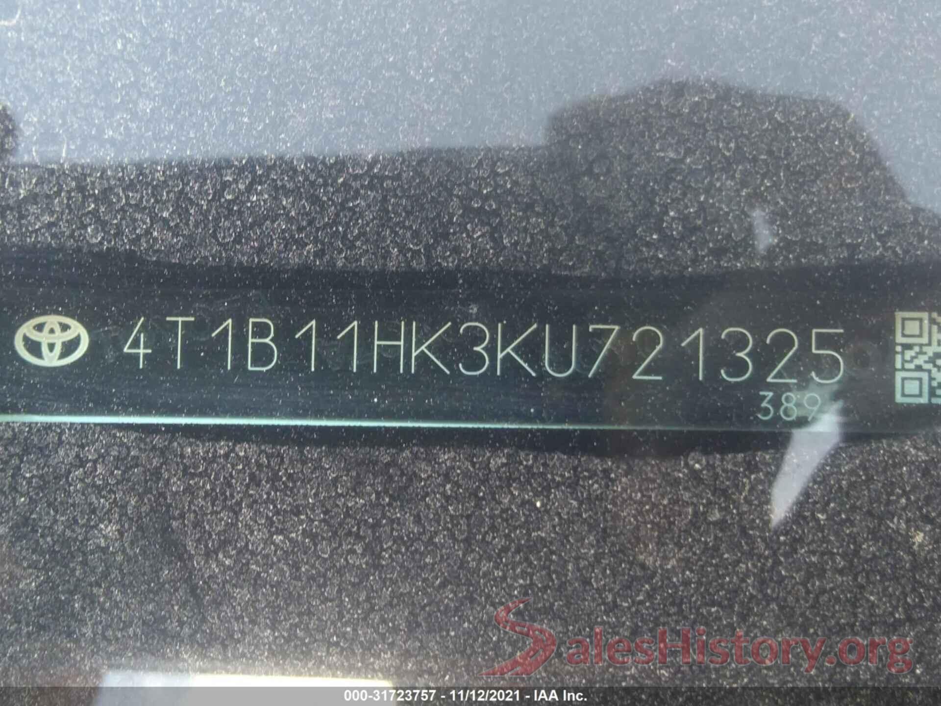 4T1B11HK3KU721325 2019 TOYOTA CAMRY