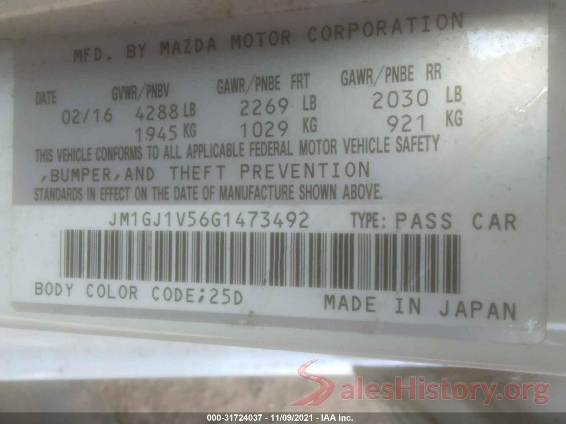 JM1GJ1V56G1473492 2016 MAZDA MAZDA6