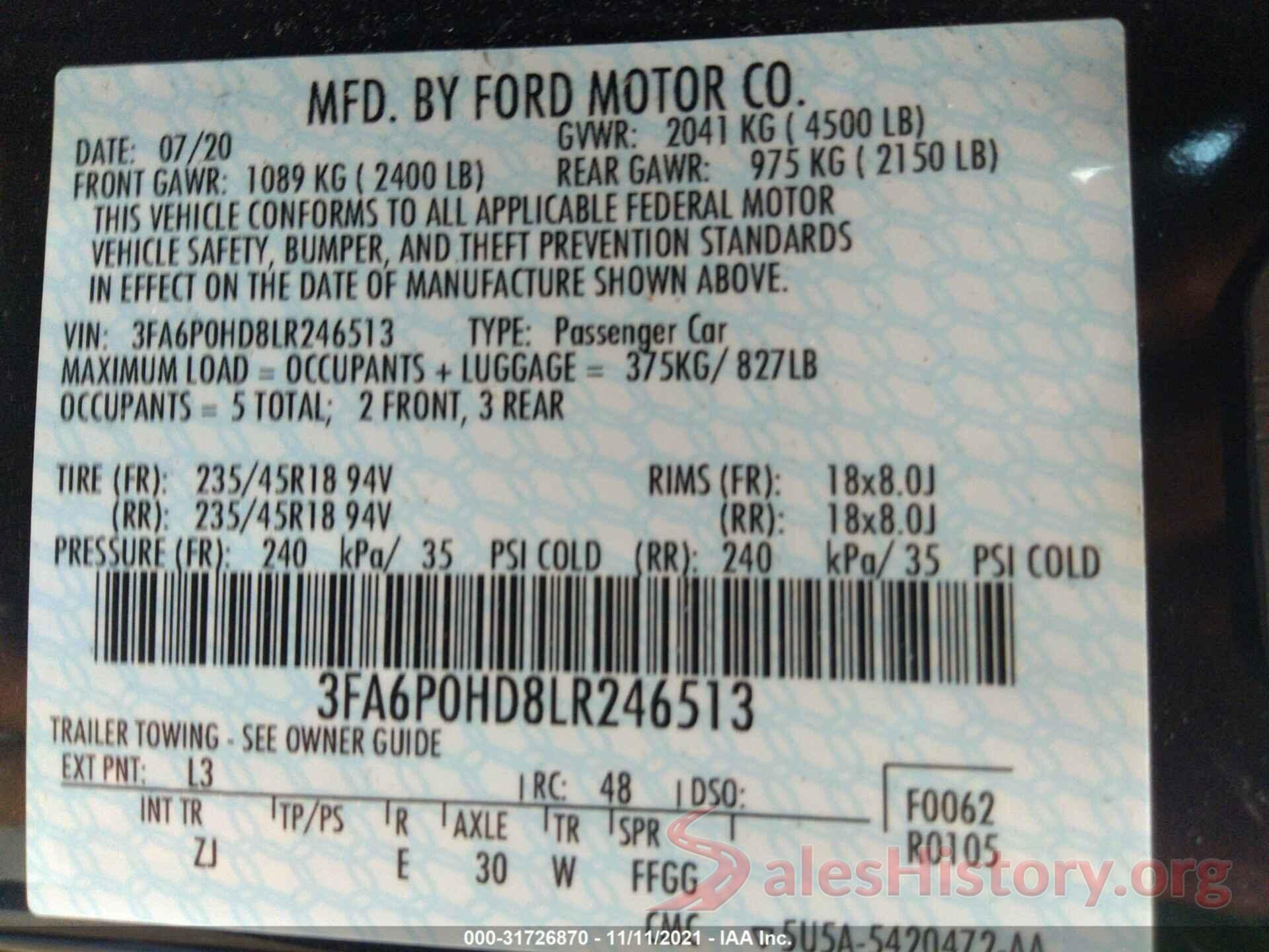 3FA6P0HD8LR246513 2020 FORD FUSION