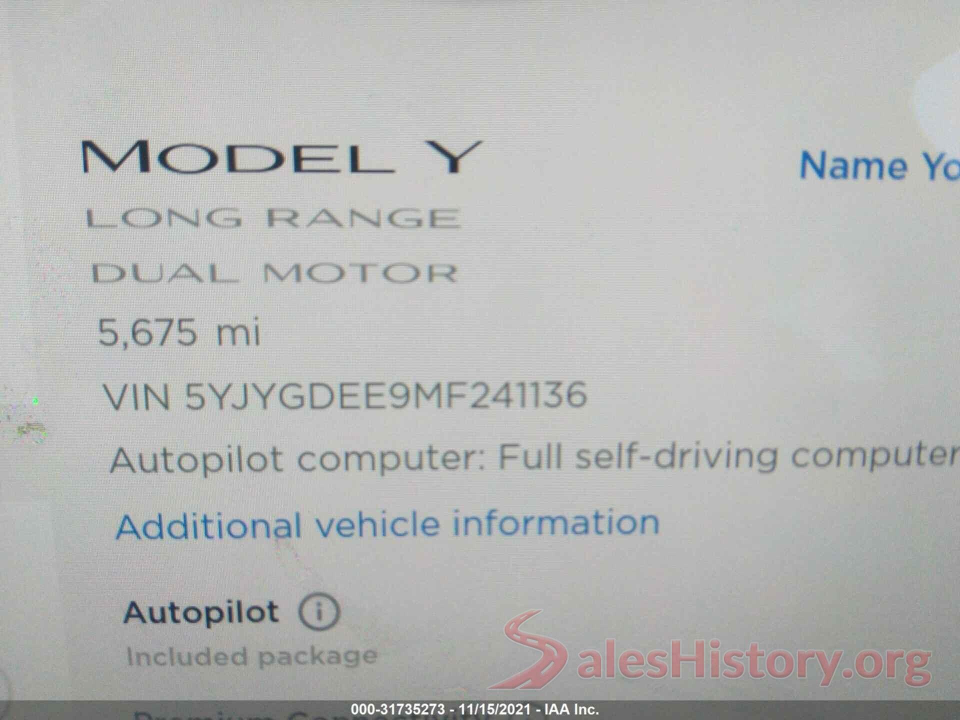 5YJYGDEE9MF241136 2021 TESLA MODEL Y