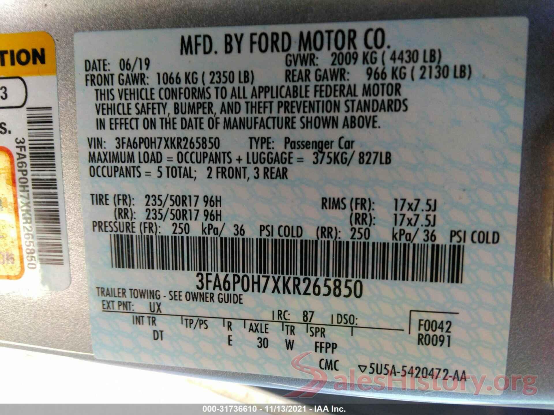 3FA6P0H7XKR265850 2019 FORD FUSION