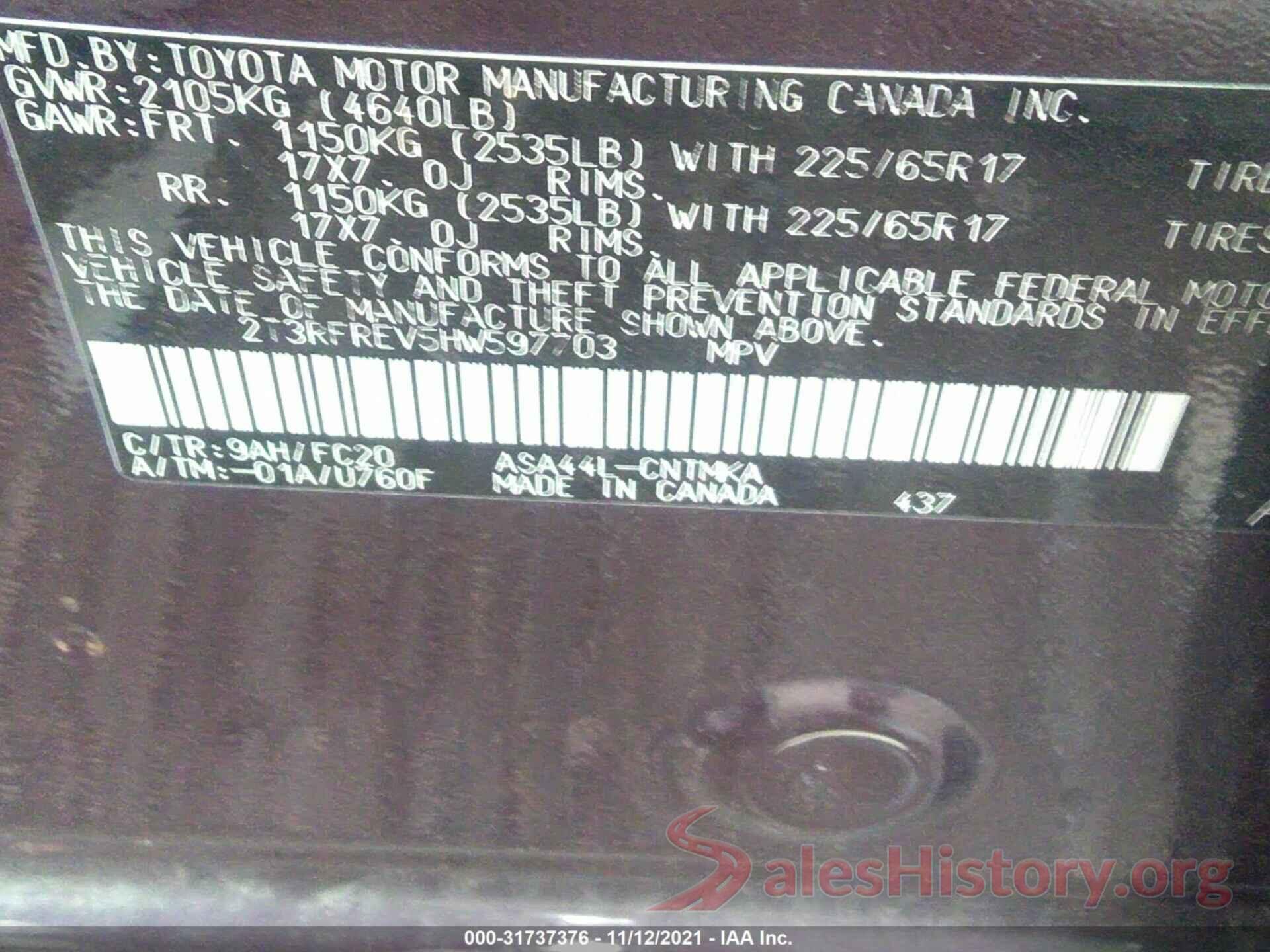 2T3RFREV5HW597703 2017 TOYOTA RAV4