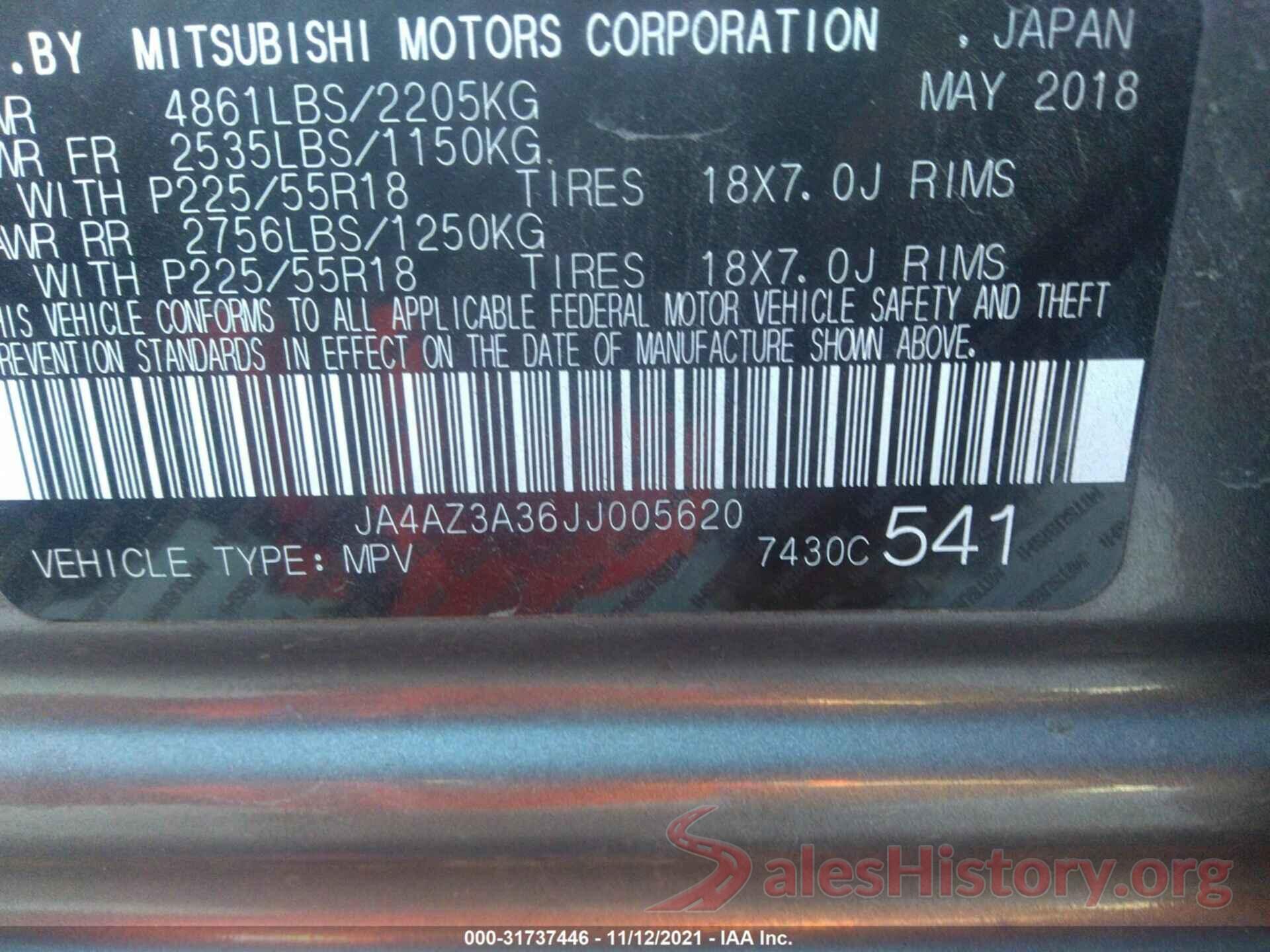 JA4AZ3A36JJ005620 2018 MITSUBISHI OUTLANDER