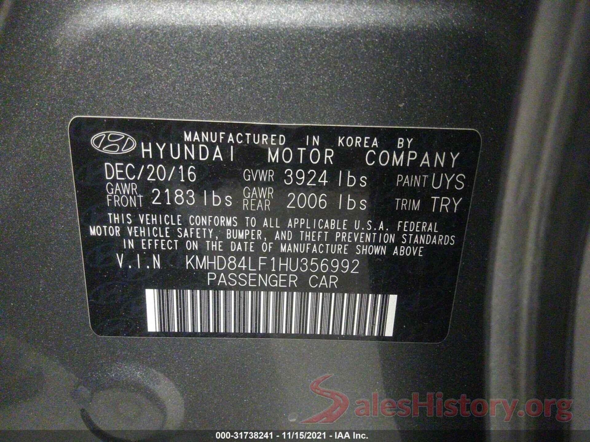 KMHD84LF1HU356992 2017 HYUNDAI ELANTRA