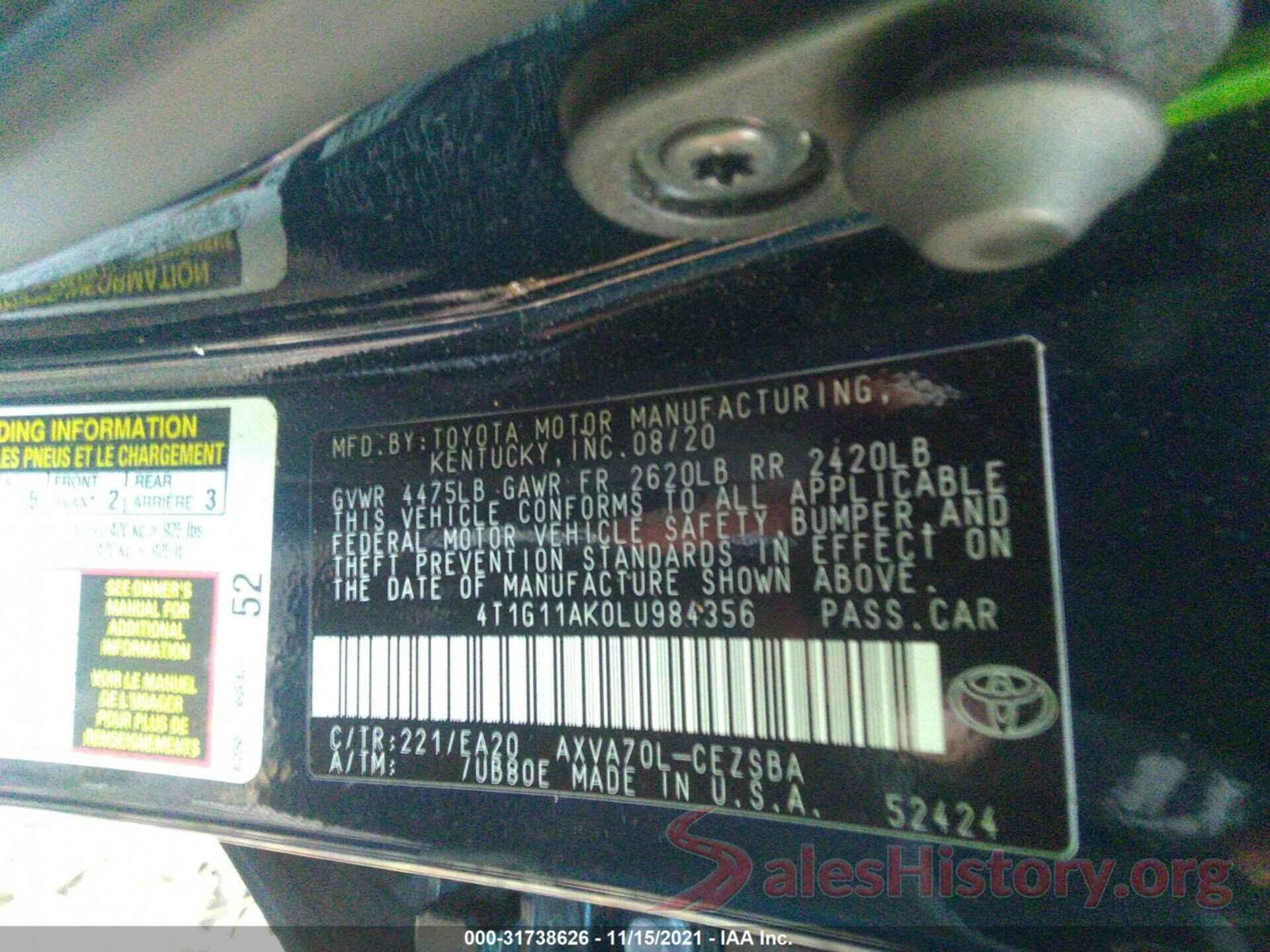 4T1G11AK0LU984356 2020 TOYOTA CAMRY