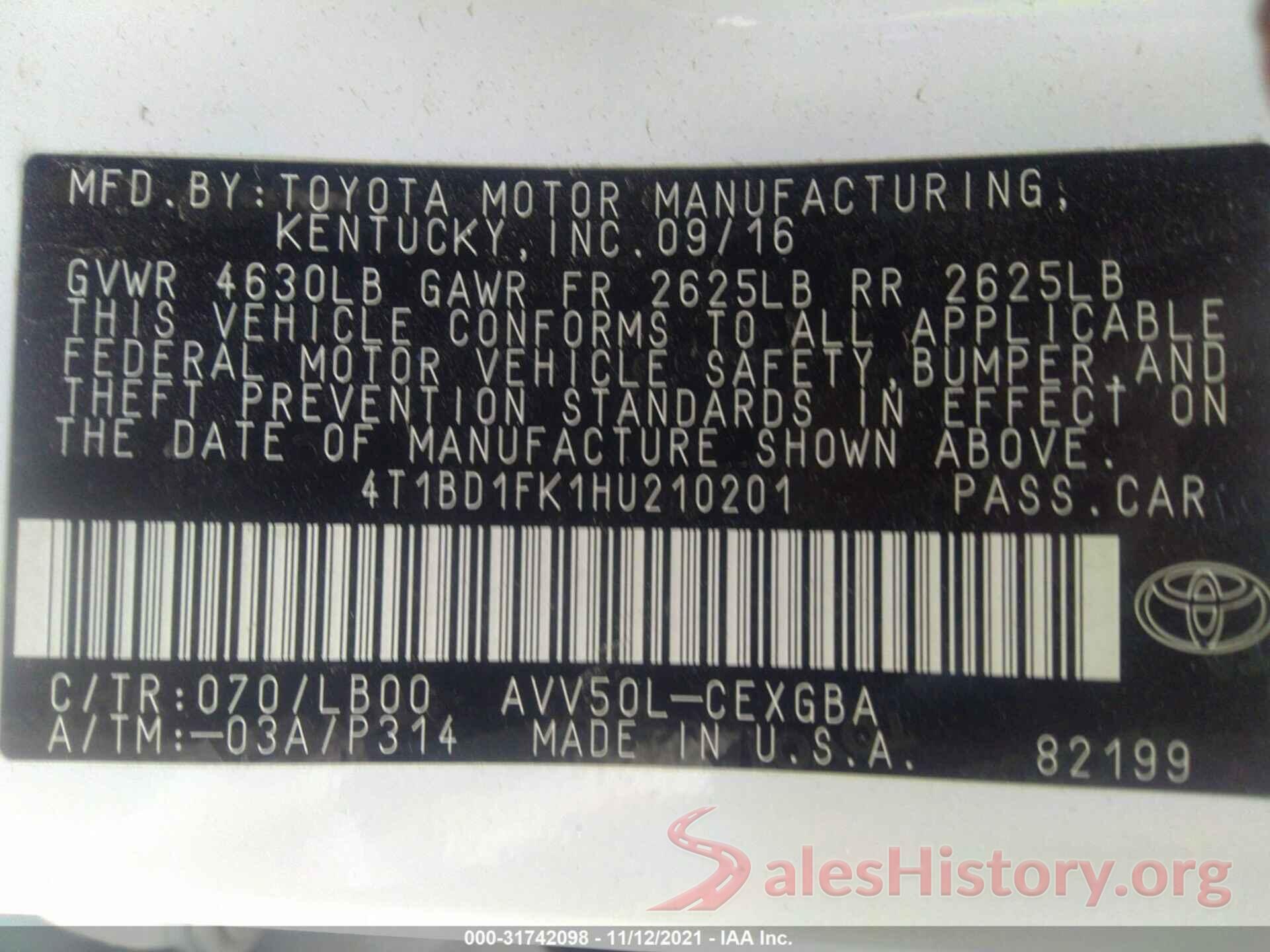 4T1BD1FK1HU210201 2017 TOYOTA CAMRY