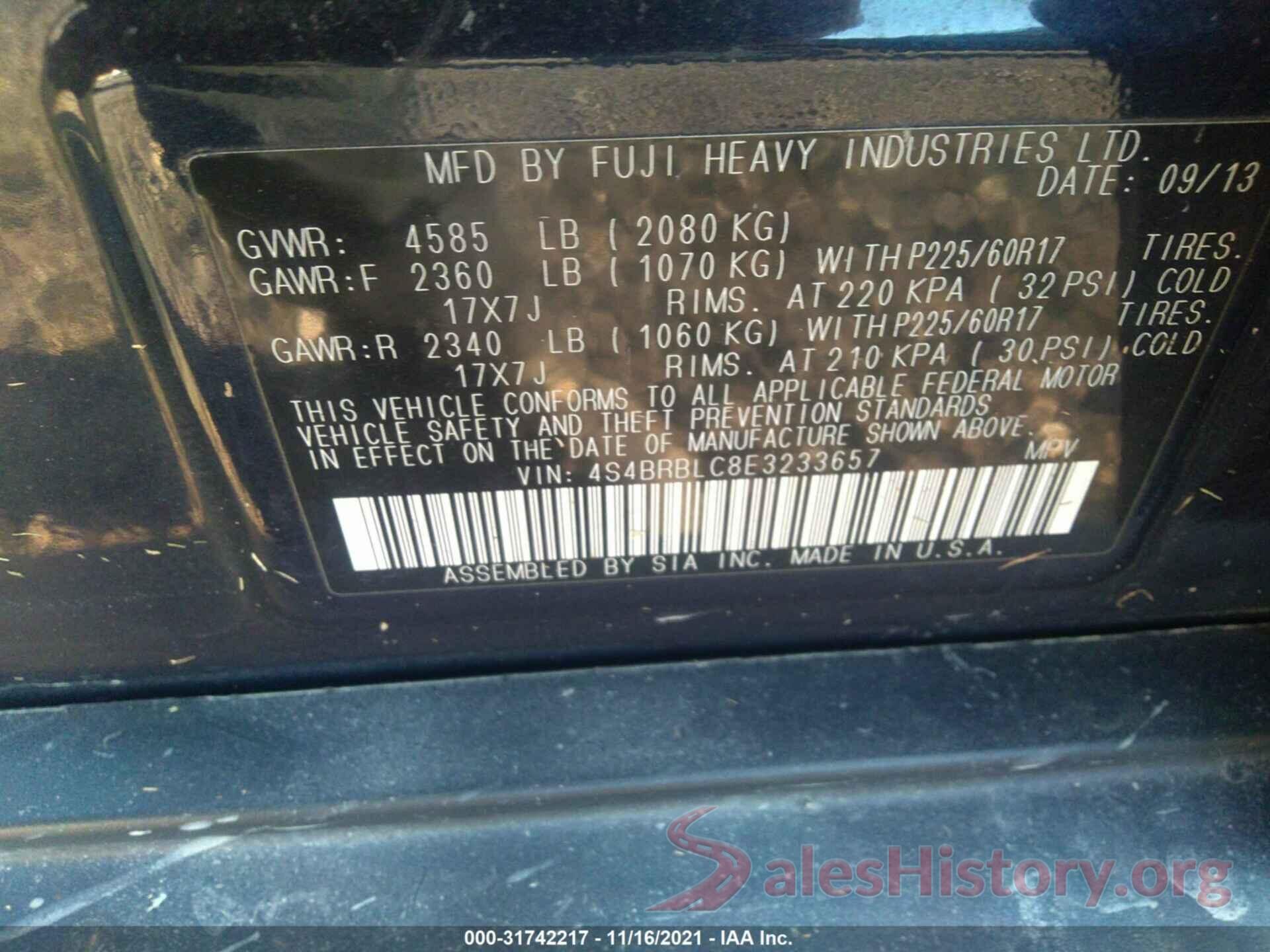 4S4BRBLC8E3233657 2014 SUBARU OUTBACK