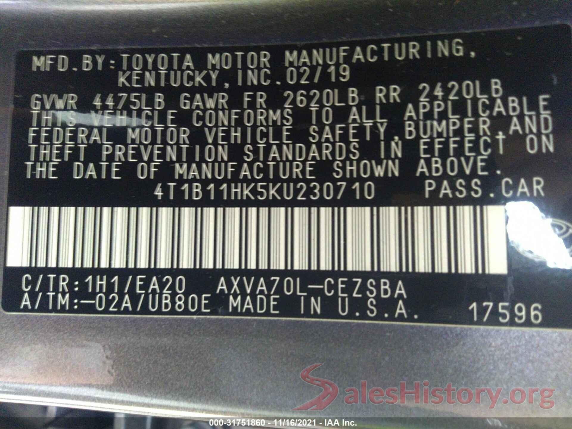 4T1B11HK5KU230710 2019 TOYOTA CAMRY