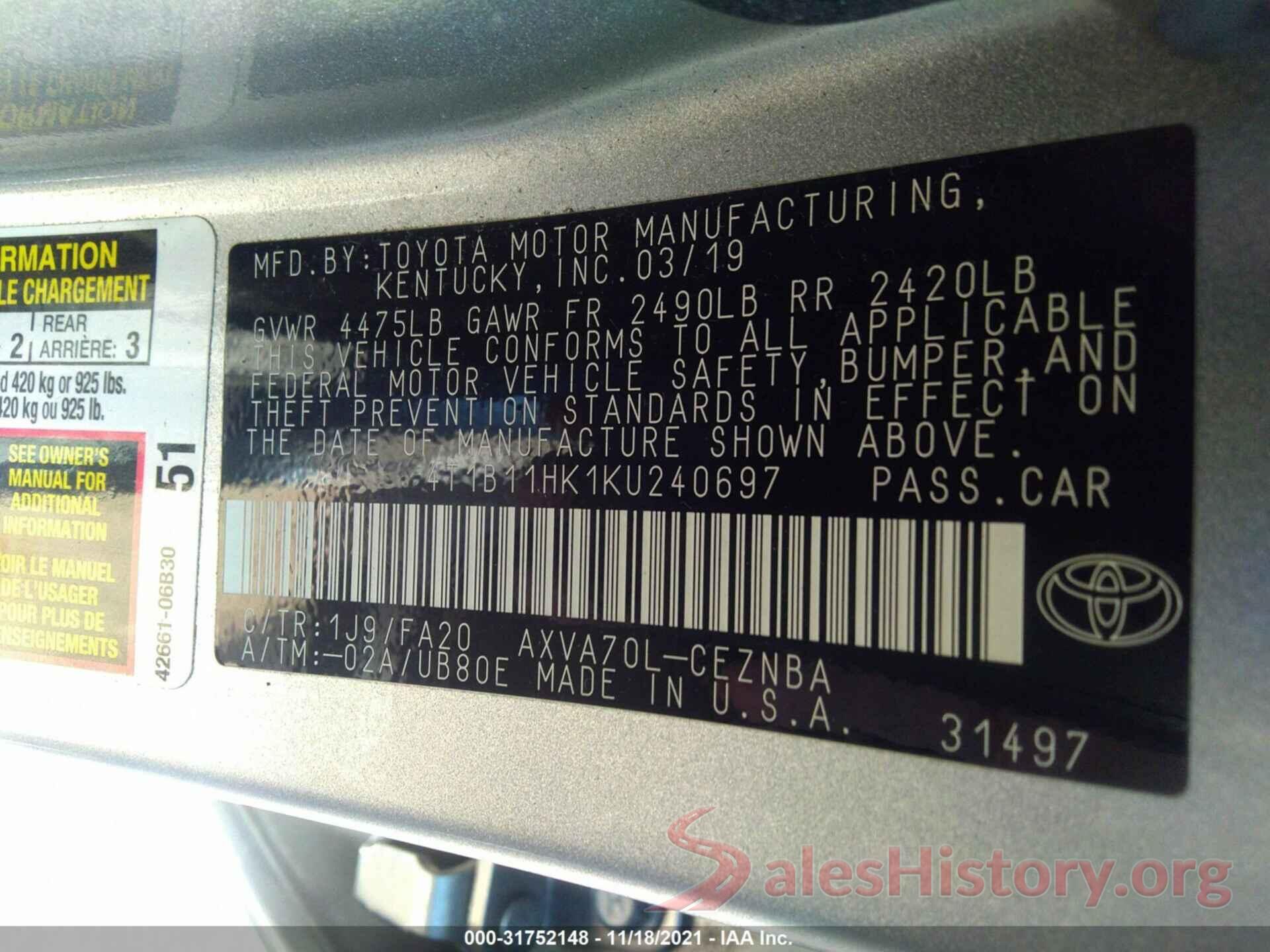 4T1B11HK1KU240697 2019 TOYOTA CAMRY