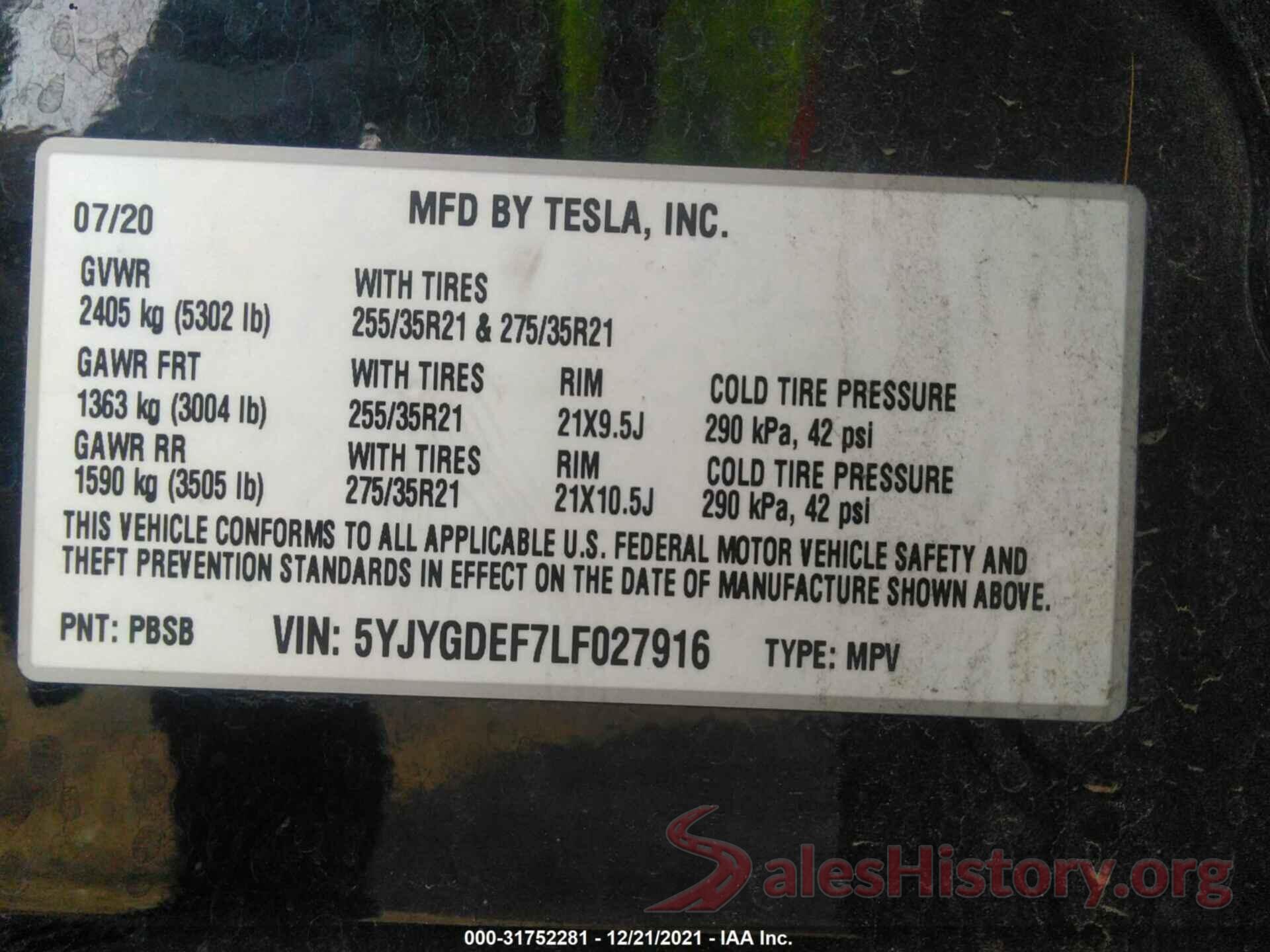 5YJYGDEF7LF027916 2020 TESLA MODEL Y