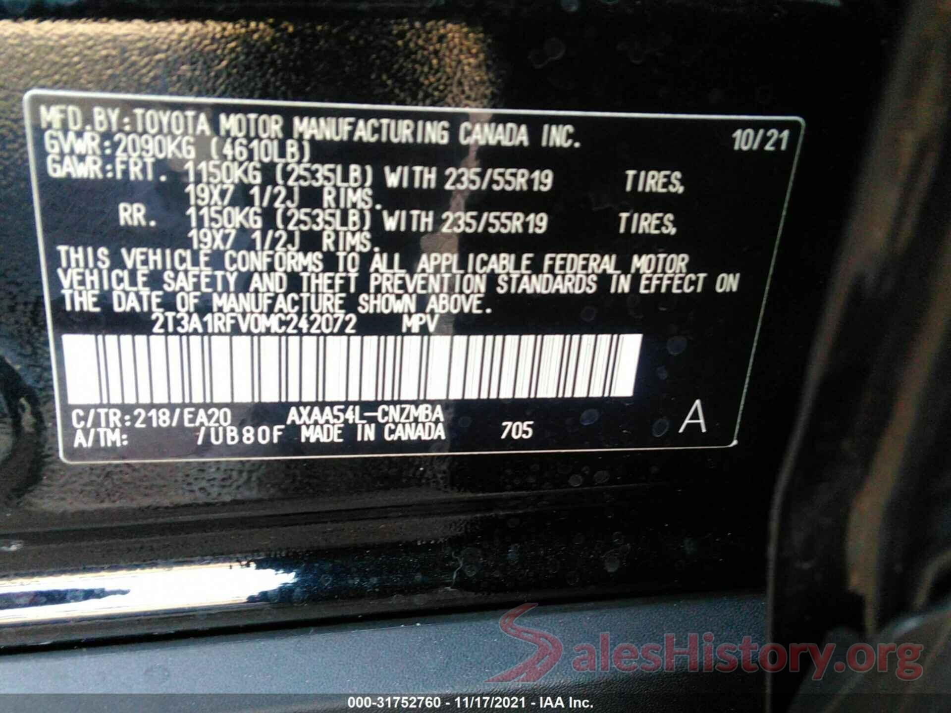 2T3A1RFV0MC242072 2021 TOYOTA RAV4