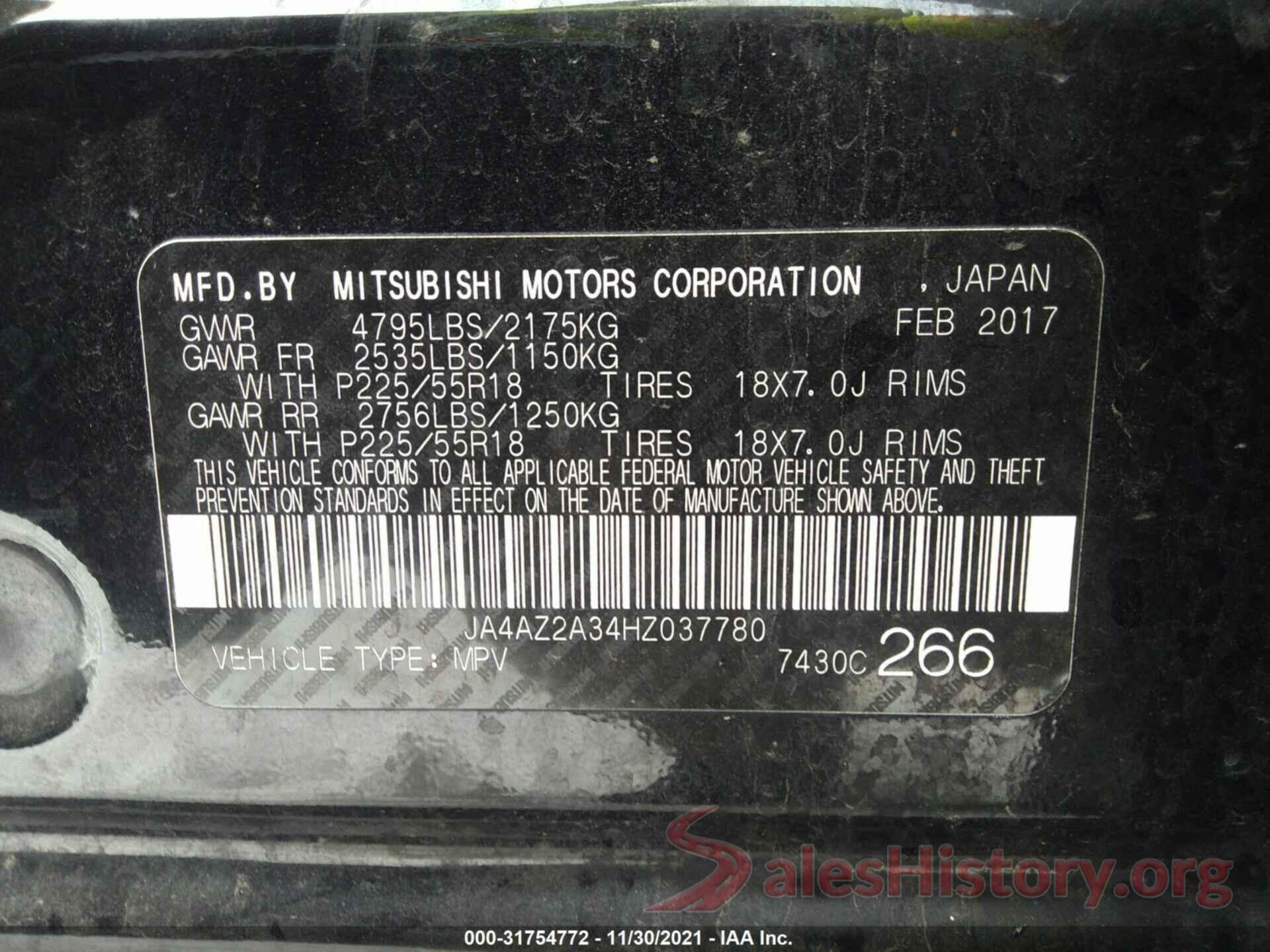 JA4AZ2A34HZ037780 2017 MITSUBISHI OUTLANDER