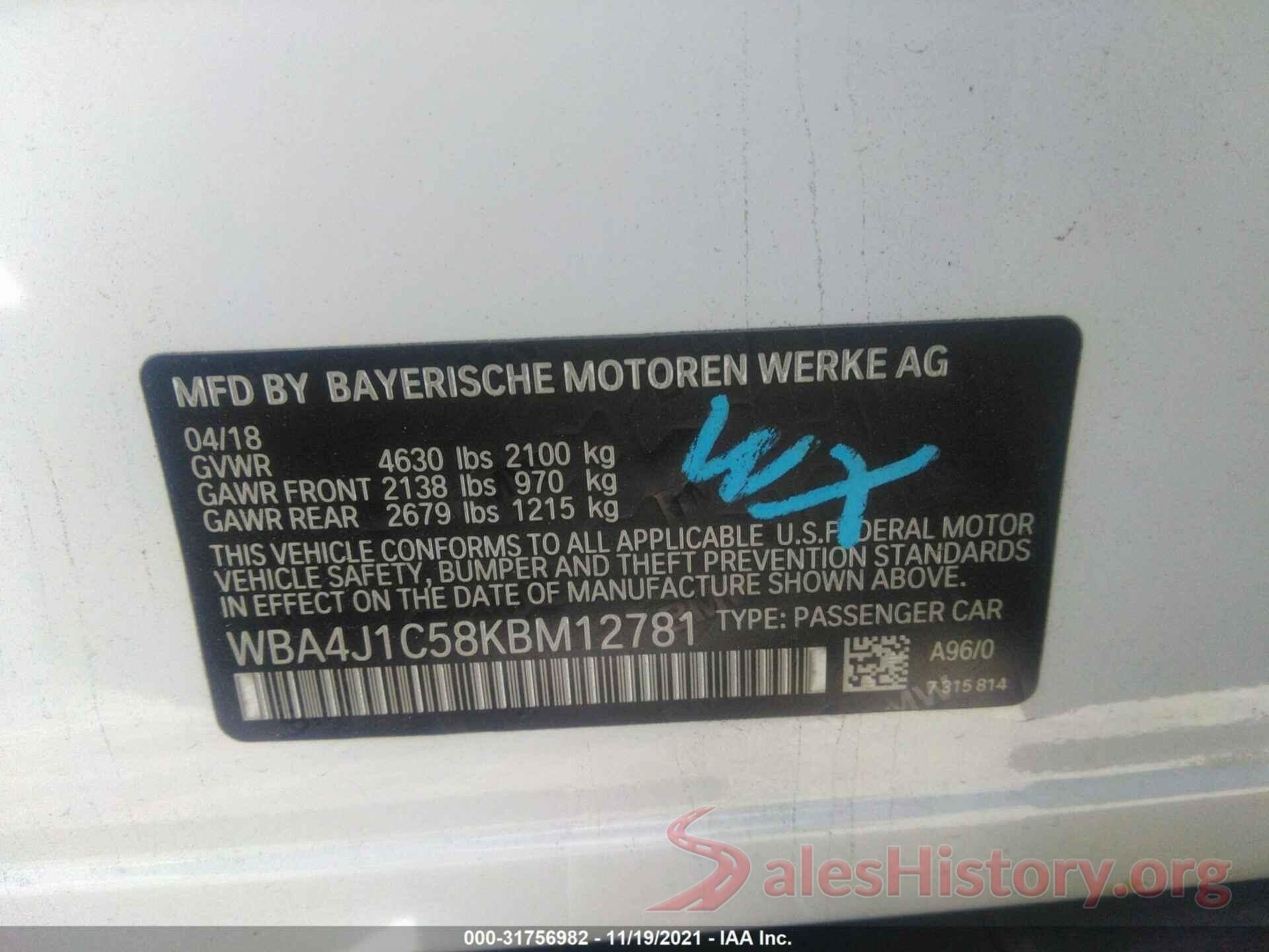 WBA4J1C58KBM12781 2019 BMW 4 SERIES