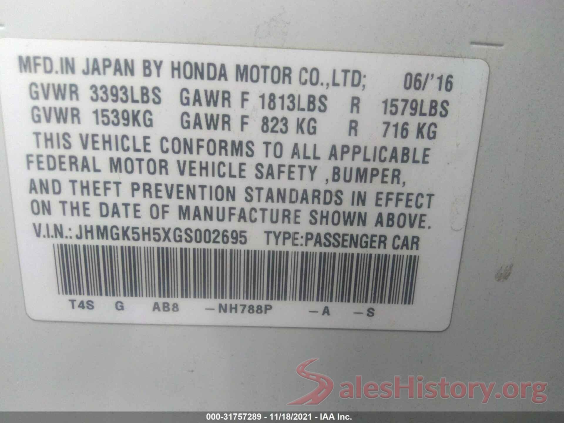 JHMGK5H5XGS002695 2016 HONDA FIT