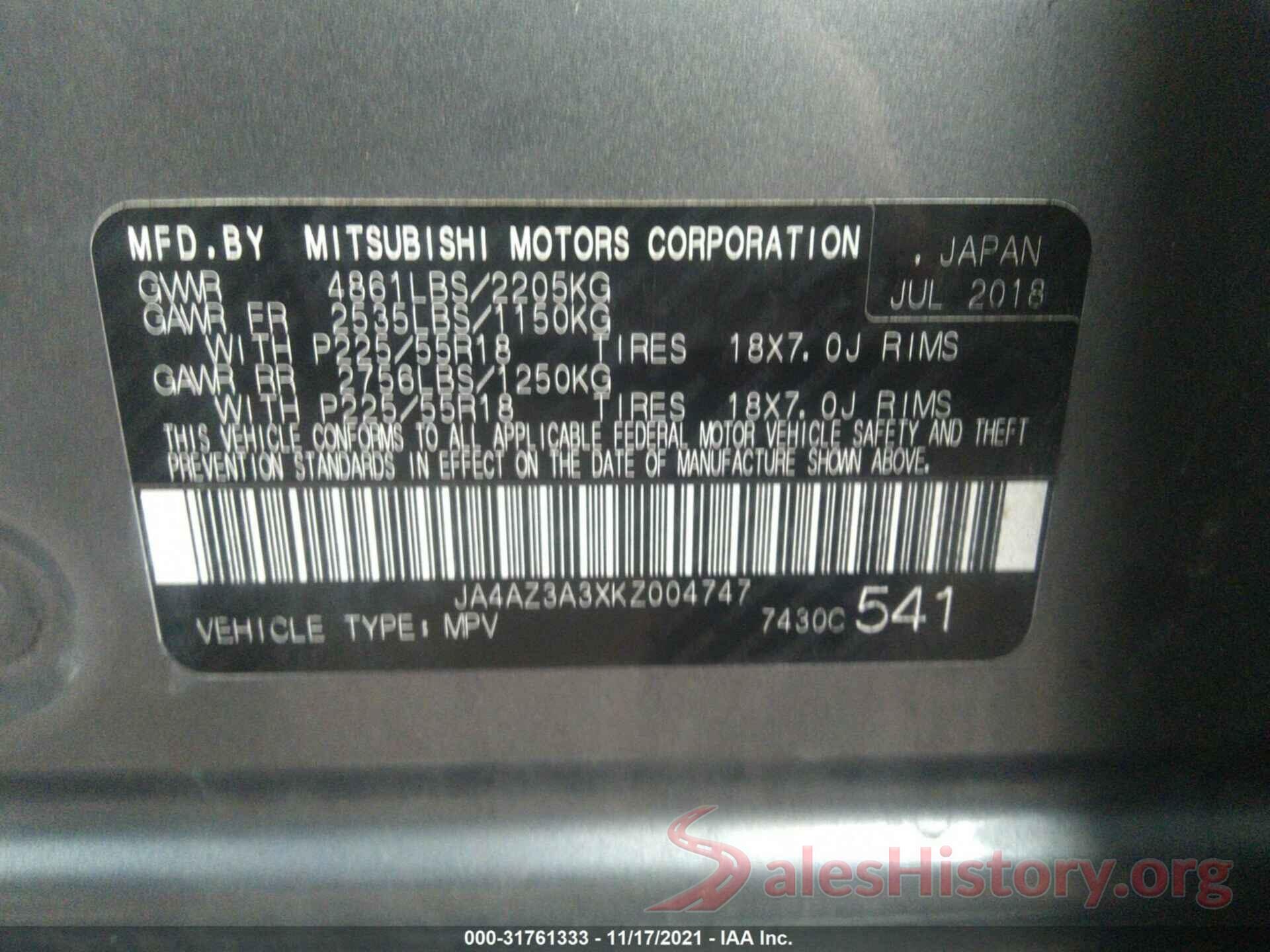 JA4AZ3A3XKZ004747 2019 MITSUBISHI OUTLANDER