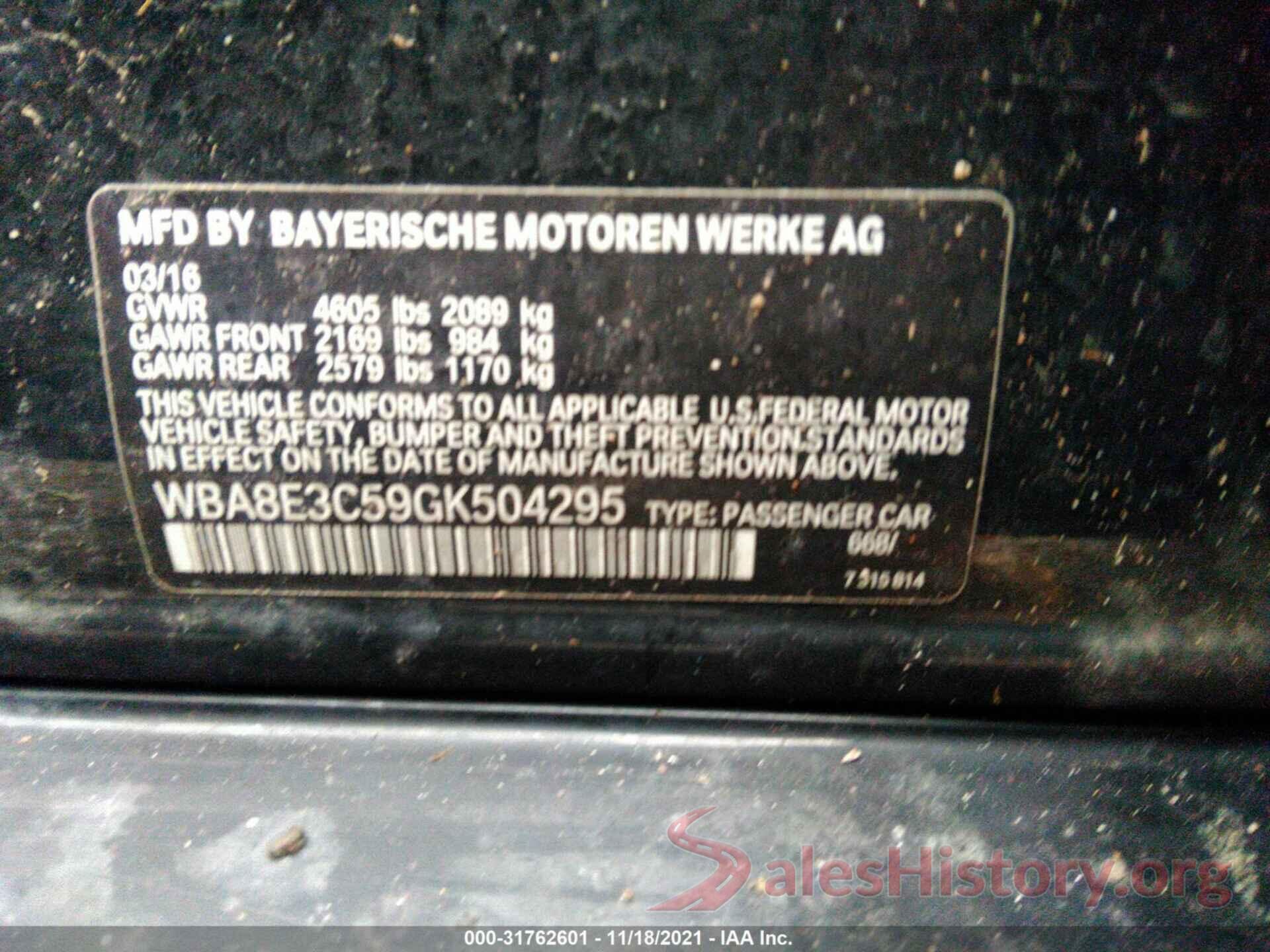 WBA8E3C59GK504295 2016 BMW 3 SERIES