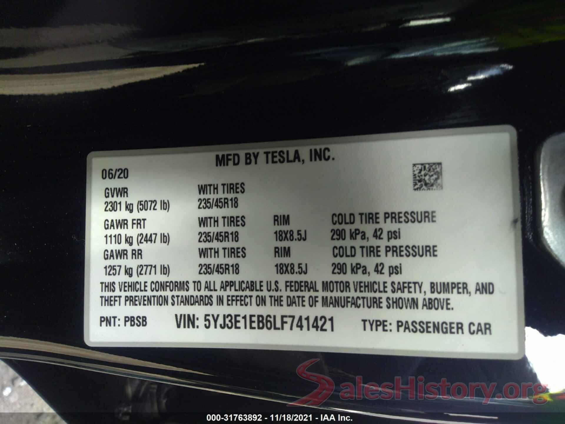 5YJ3E1EB6LF741421 2020 TESLA MODEL 3