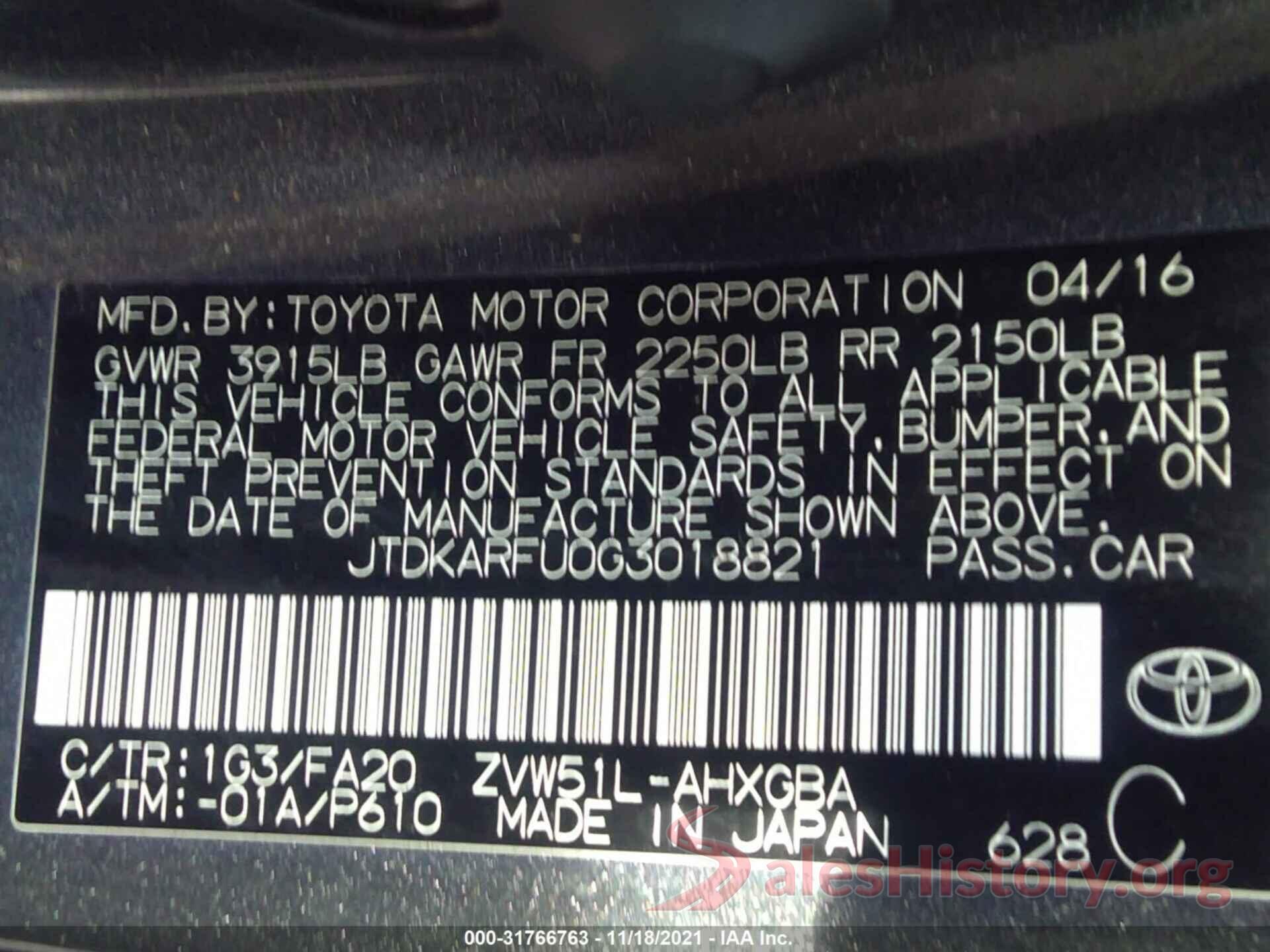 JTDKARFU0G3018821 2016 TOYOTA PRIUS