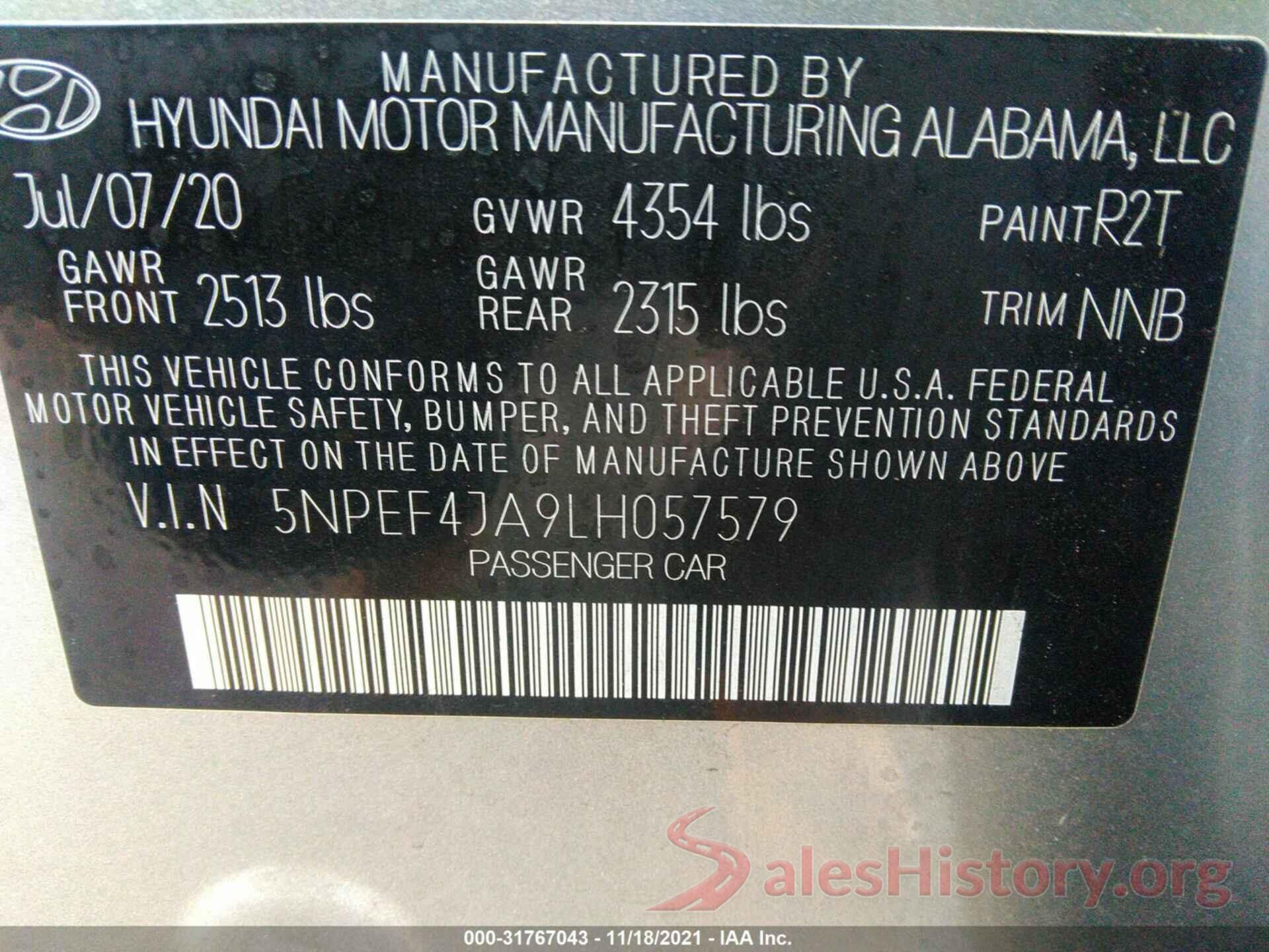 5NPEF4JA9LH057579 2020 HYUNDAI SONATA