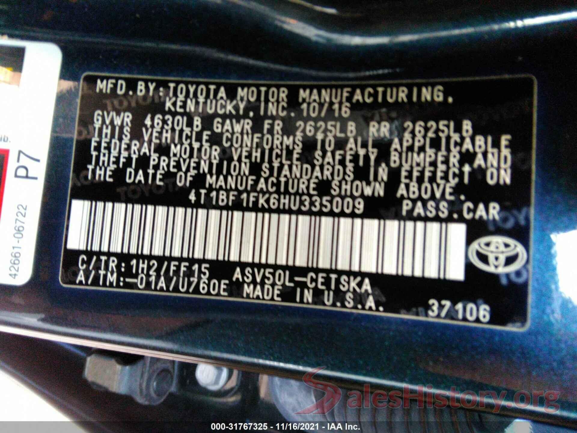 4T1BF1FK6HU335009 2017 TOYOTA CAMRY