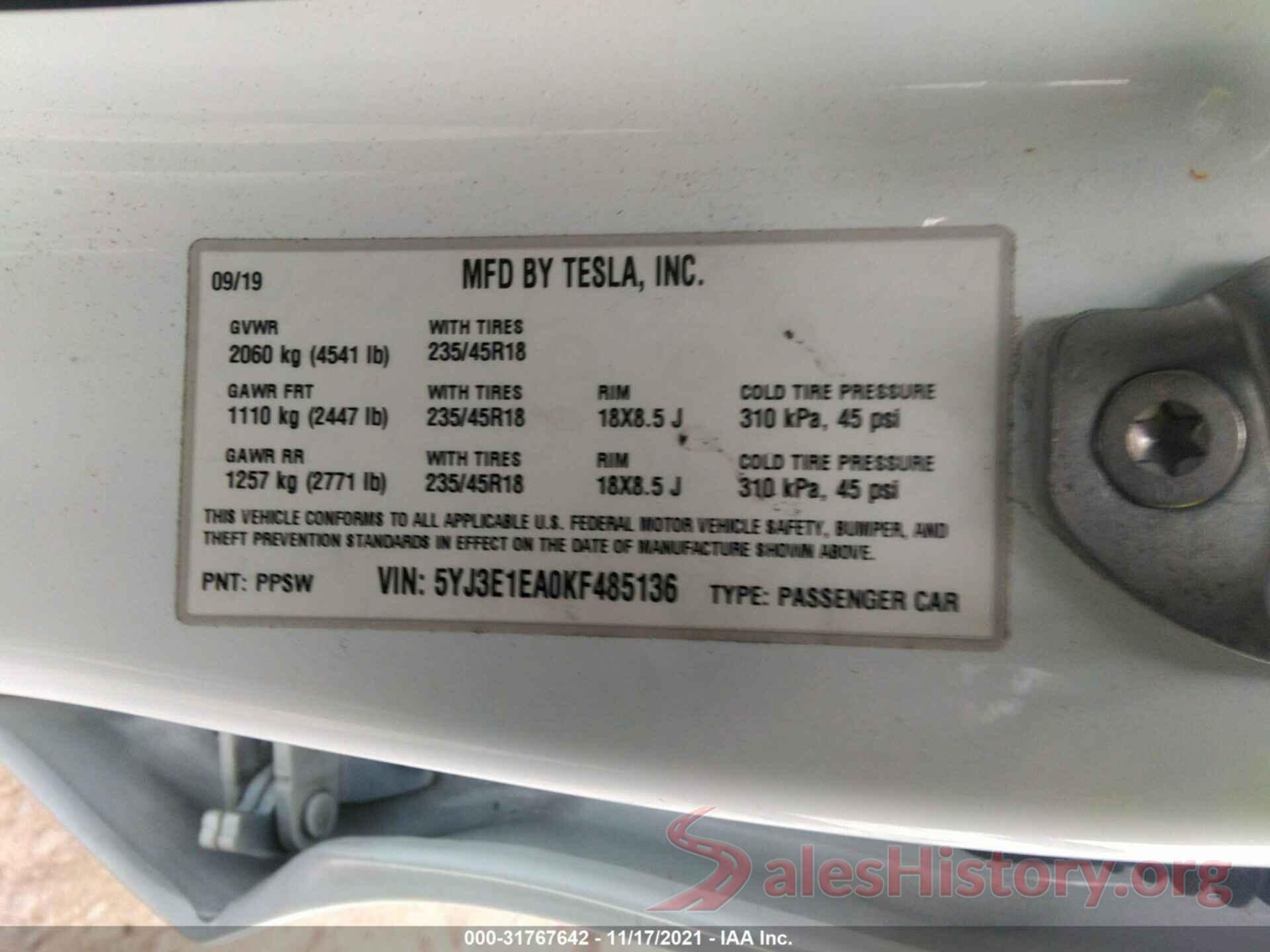 5YJ3E1EA0KF485136 2019 TESLA MODEL 3