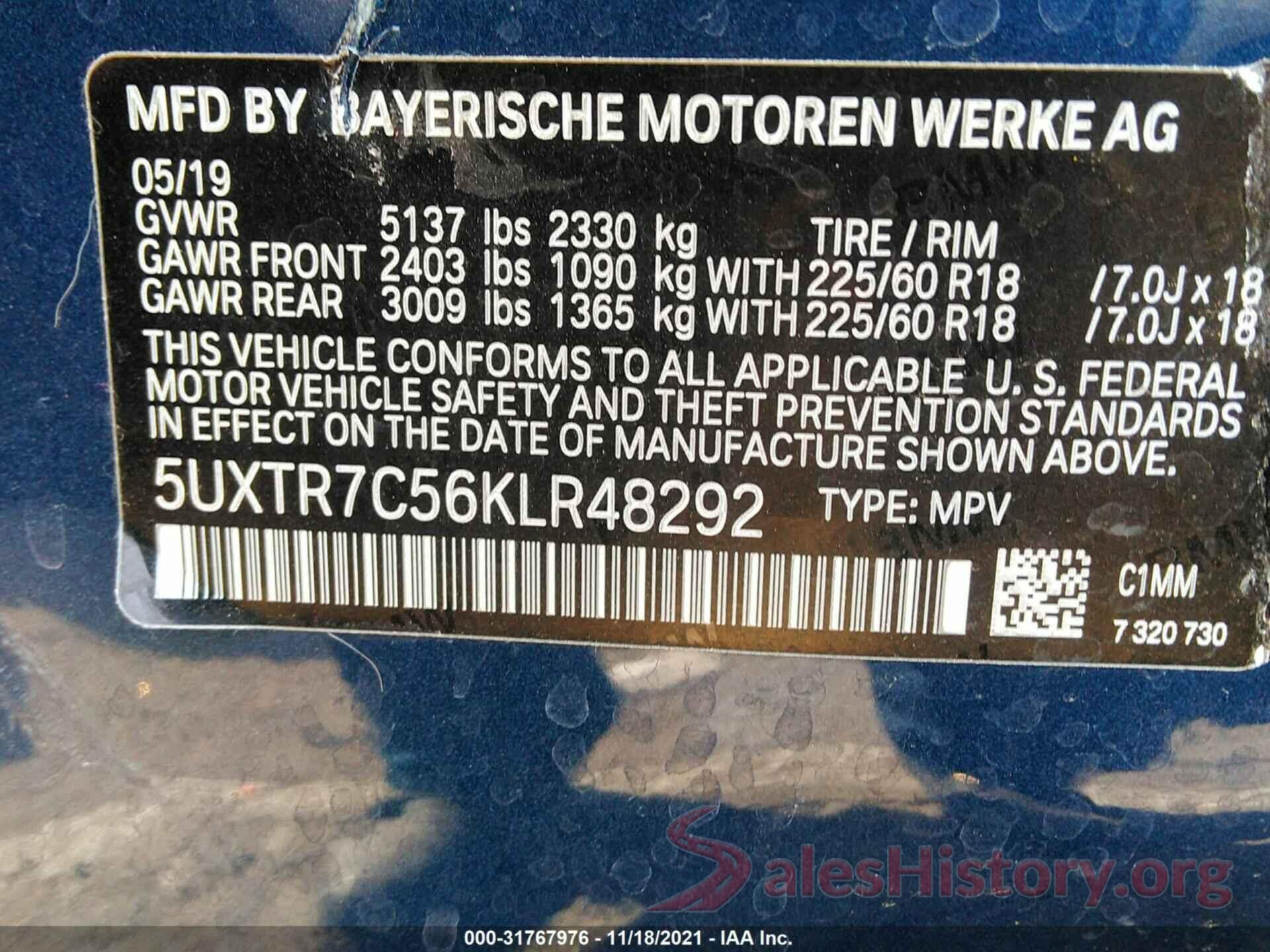 5UXTR7C56KLR48292 2019 BMW X3