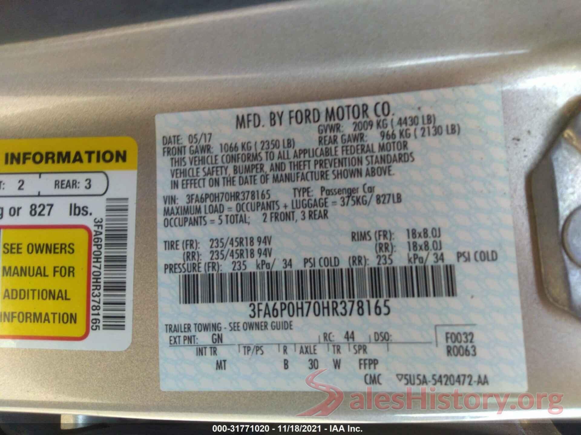 3FA6P0H70HR378165 2017 FORD FUSION