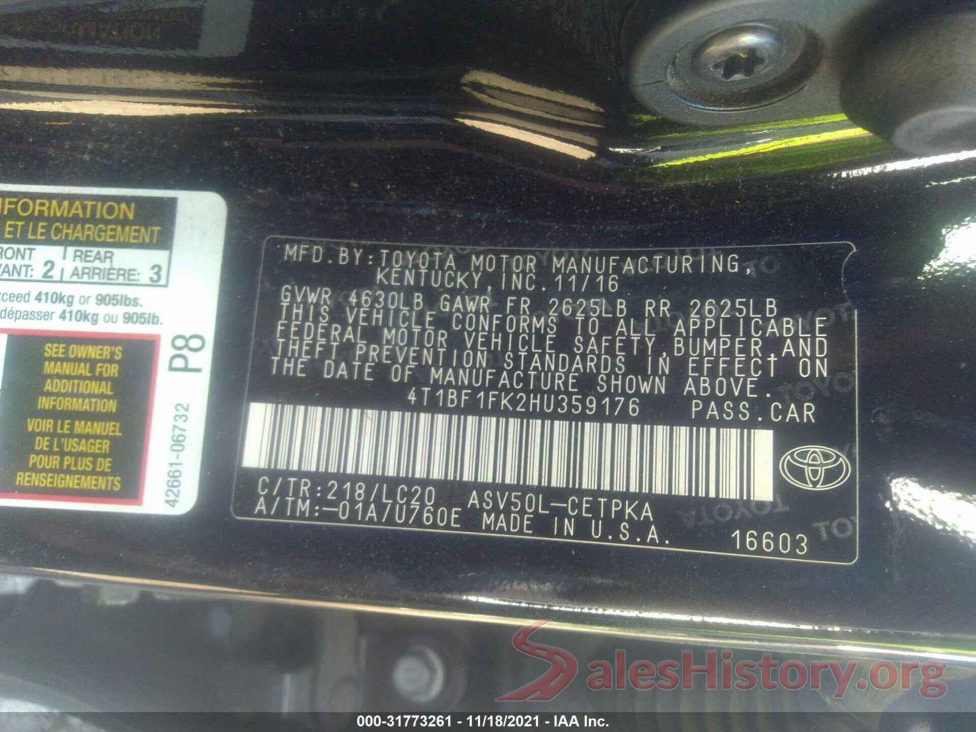 4T1BF1FK2HU359176 2017 TOYOTA CAMRY