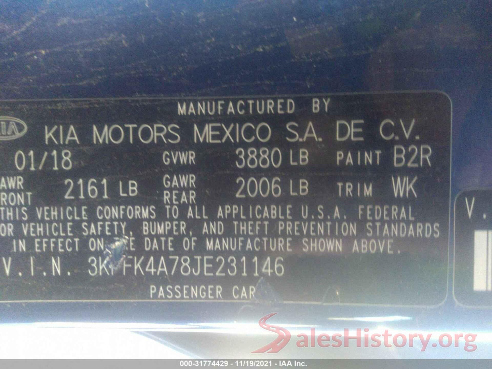 3KPFK4A78JE231146 2018 KIA FORTE