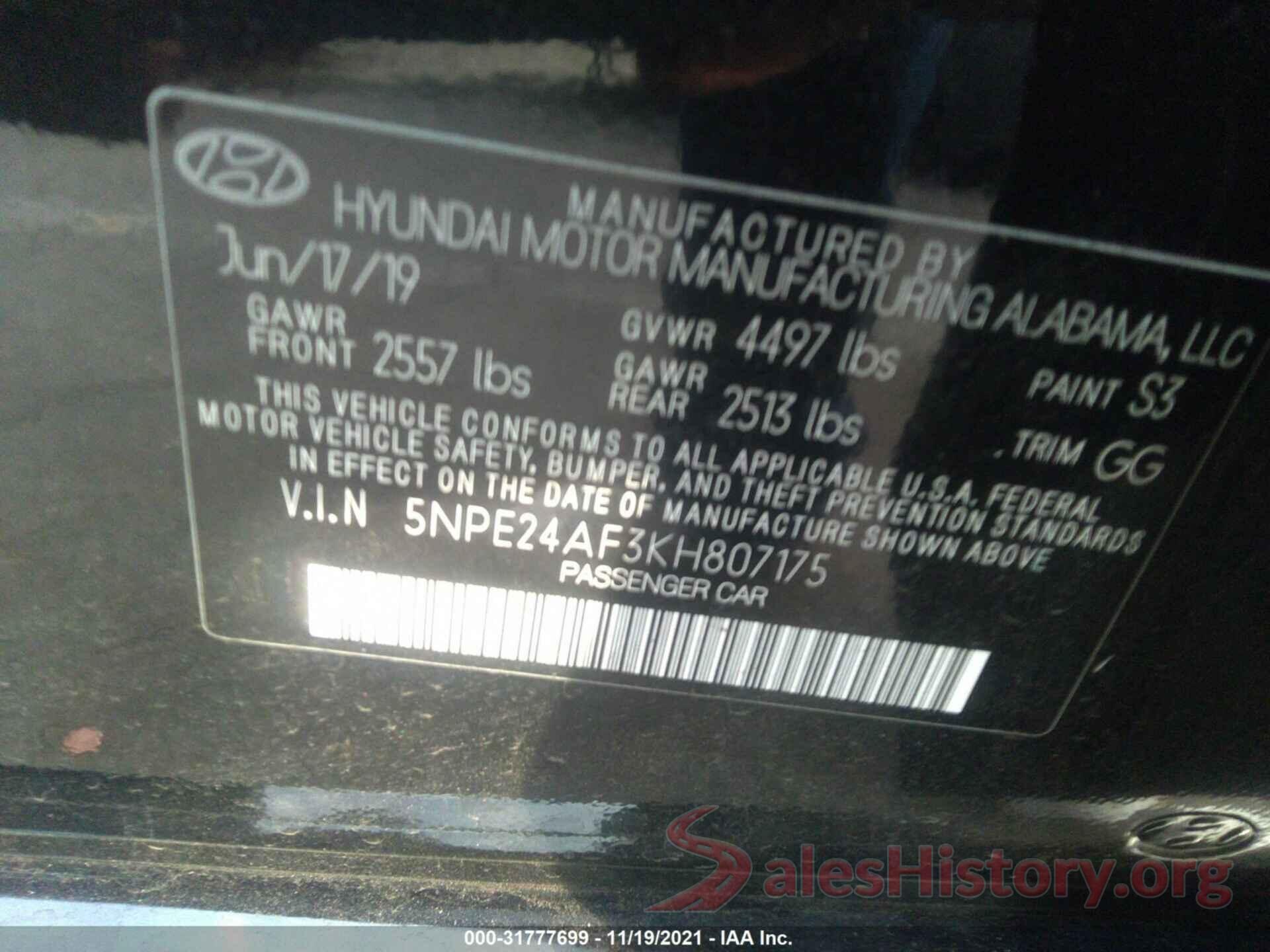 5NPE24AF3KH807175 2019 HYUNDAI SONATA