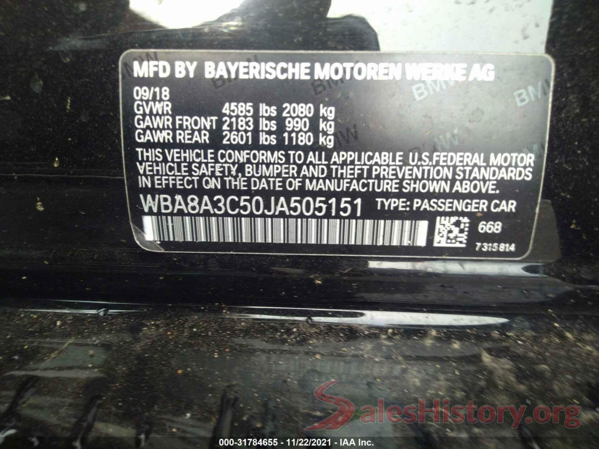 WBA8A3C50JA505151 2018 BMW 3 SERIES