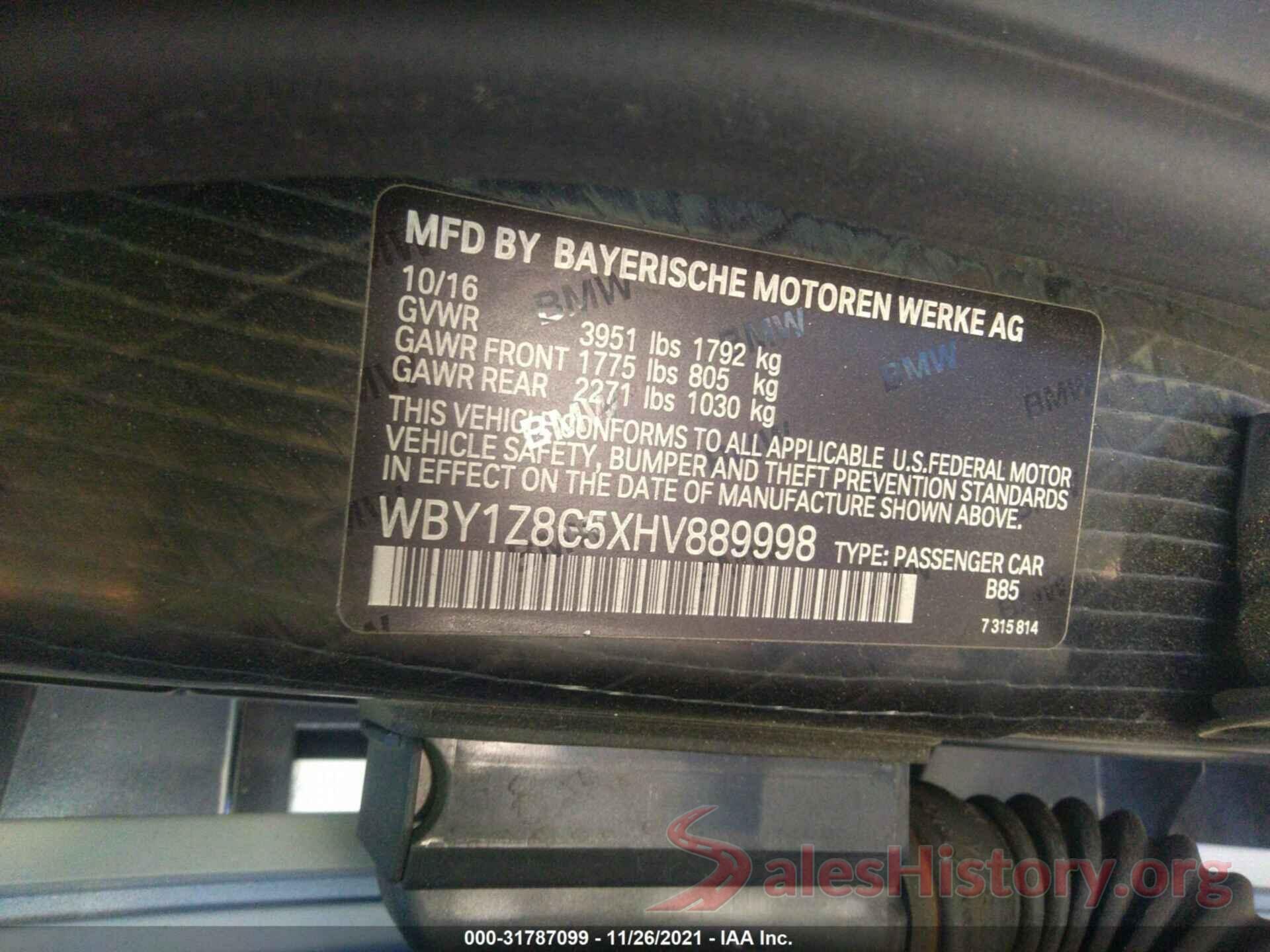 WBY1Z8C5XHV889998 2017 BMW I3