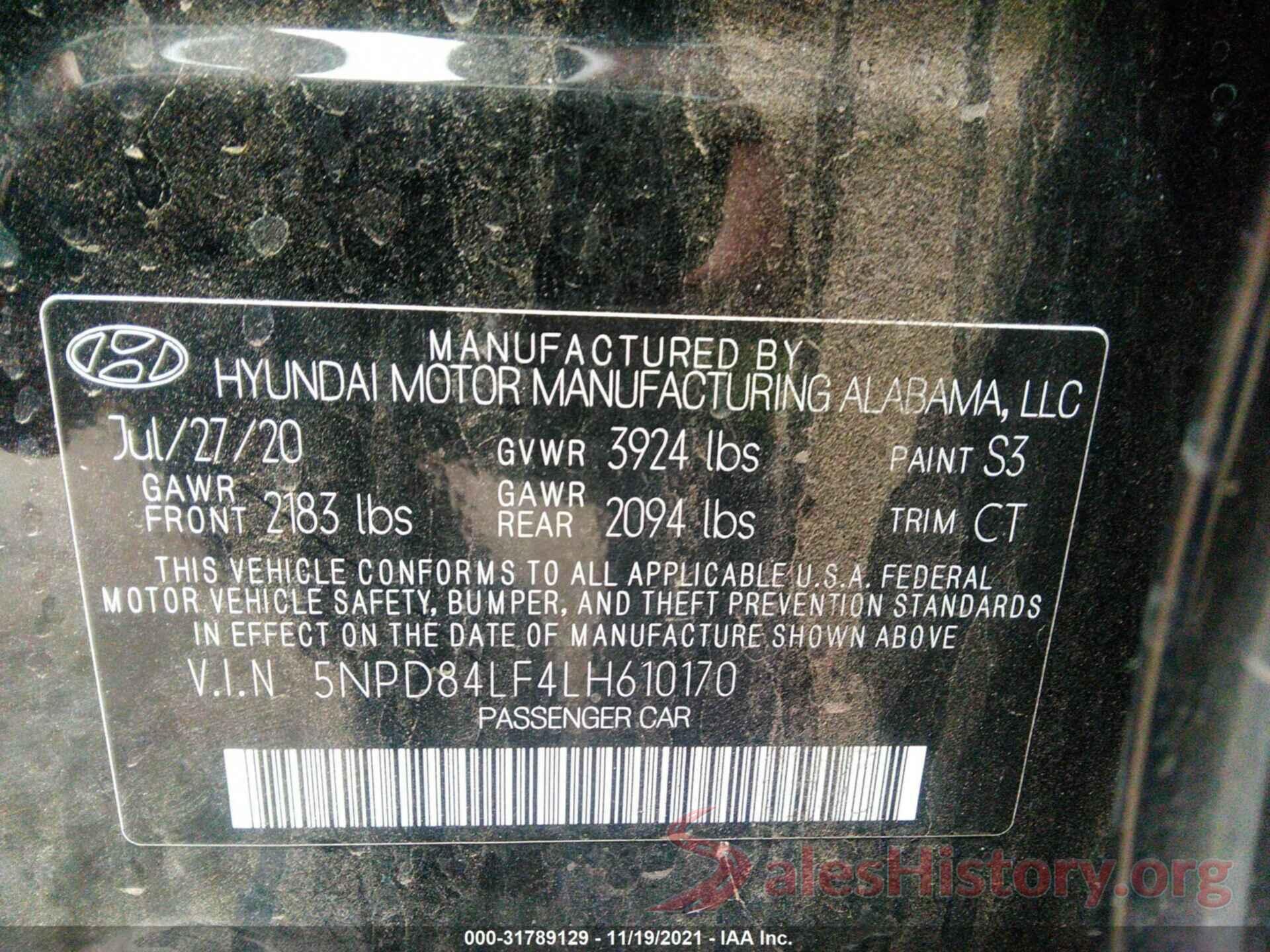 5NPD84LF4LH610170 2020 HYUNDAI ELANTRA