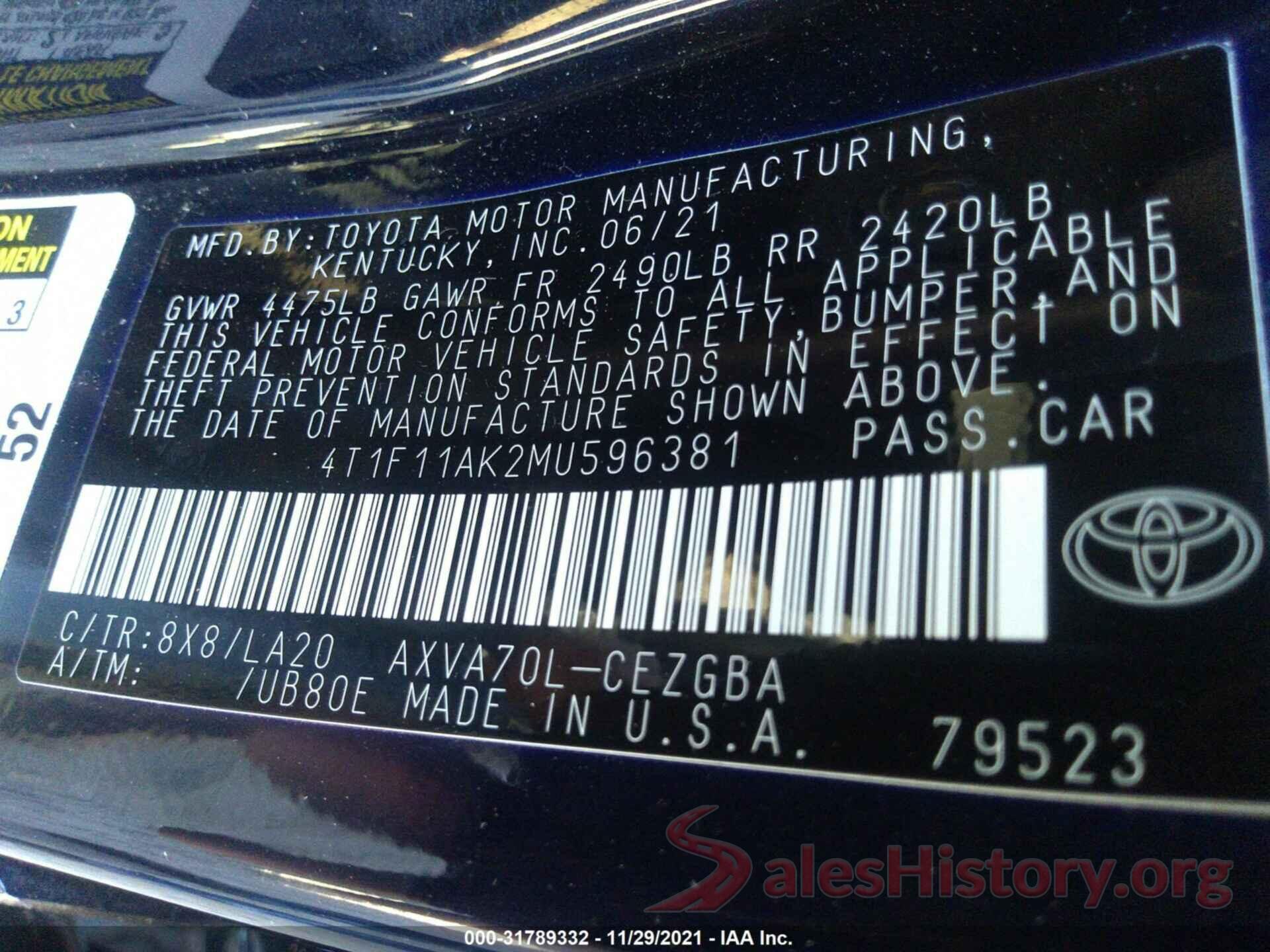 4T1F11AK2MU596381 2021 TOYOTA CAMRY