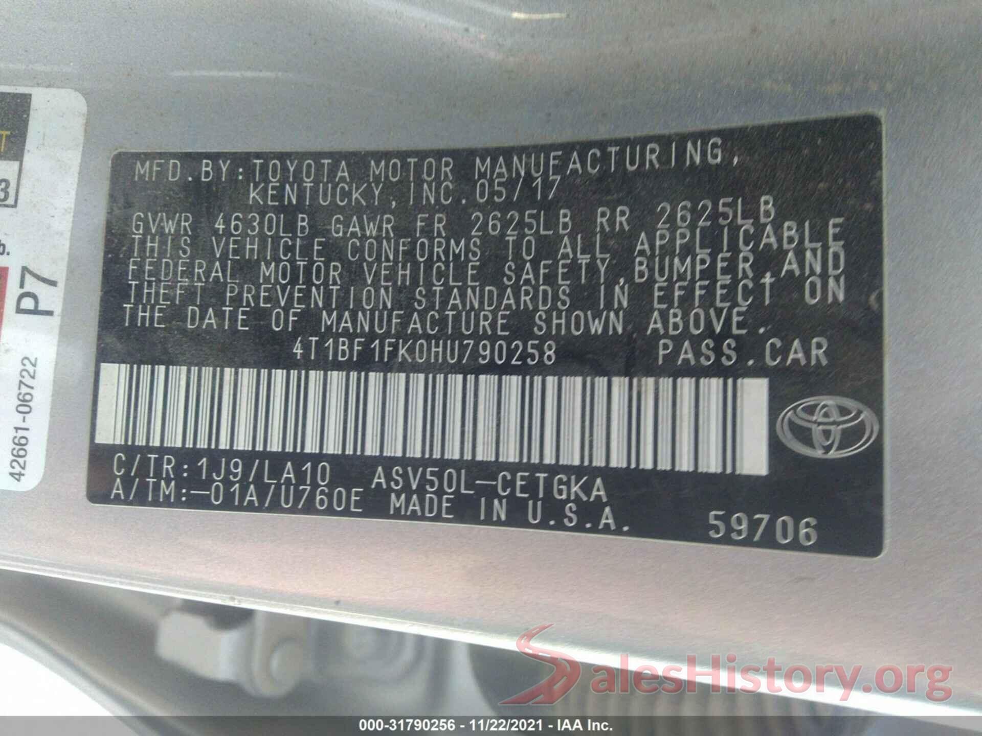 4T1BF1FK0HU790258 2017 TOYOTA CAMRY