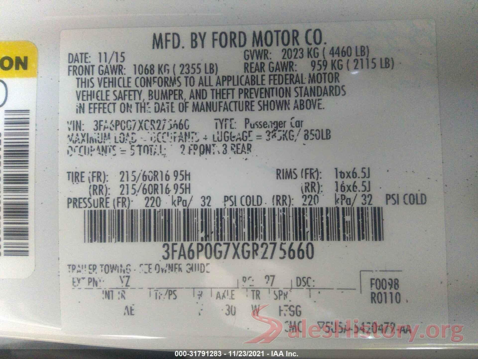 3FA6P0G7XGR275660 2016 FORD FUSION