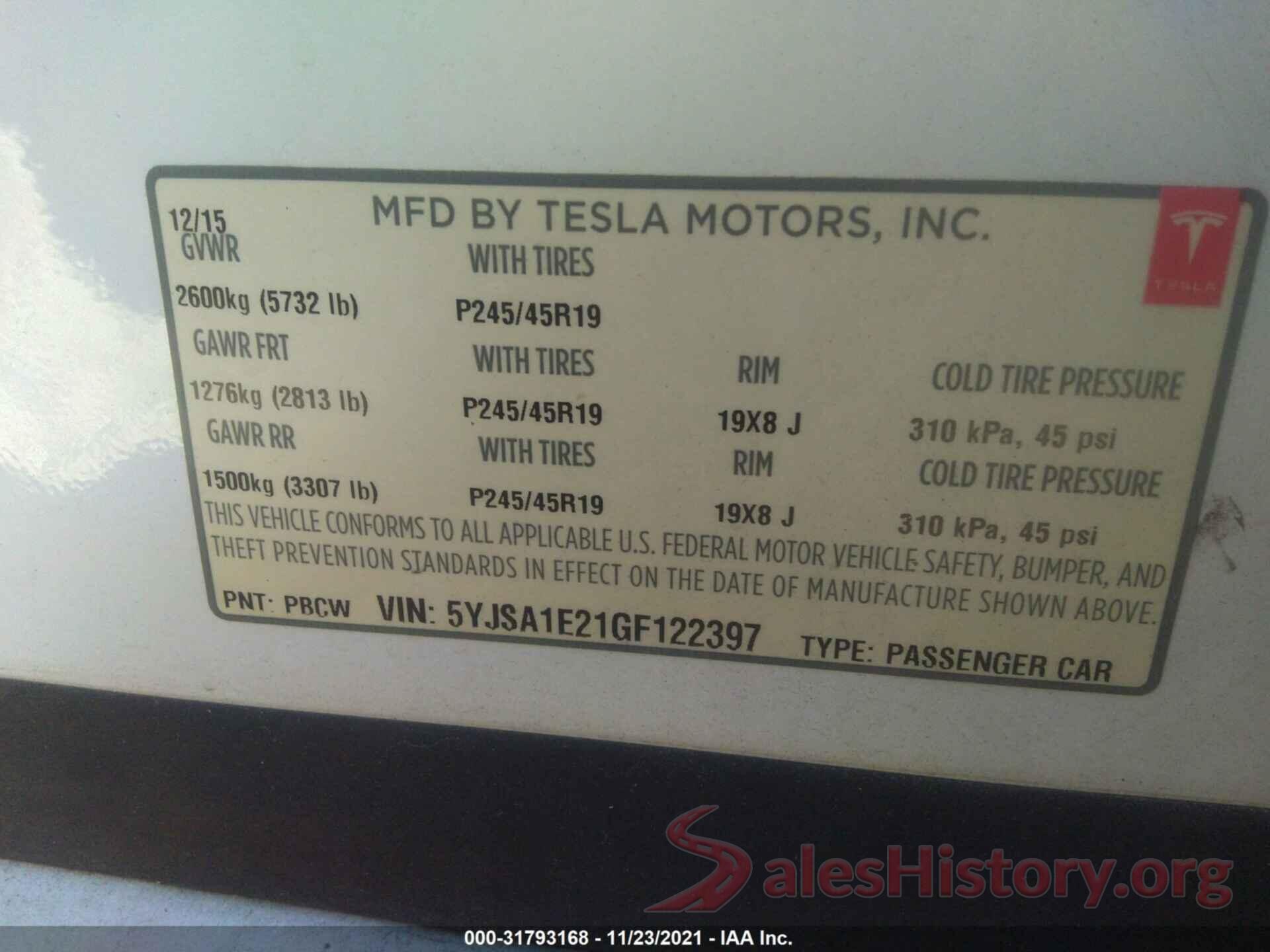 5YJSA1E21GF122397 2016 TESLA MODEL S